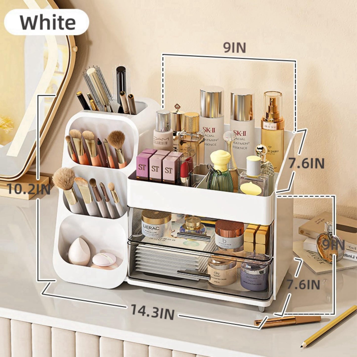 Makeup Organizer with Drawers for Vanity,Spacious Cosmetic Display Case,Perfect Storage Solution for Your Beauty Essential(White)