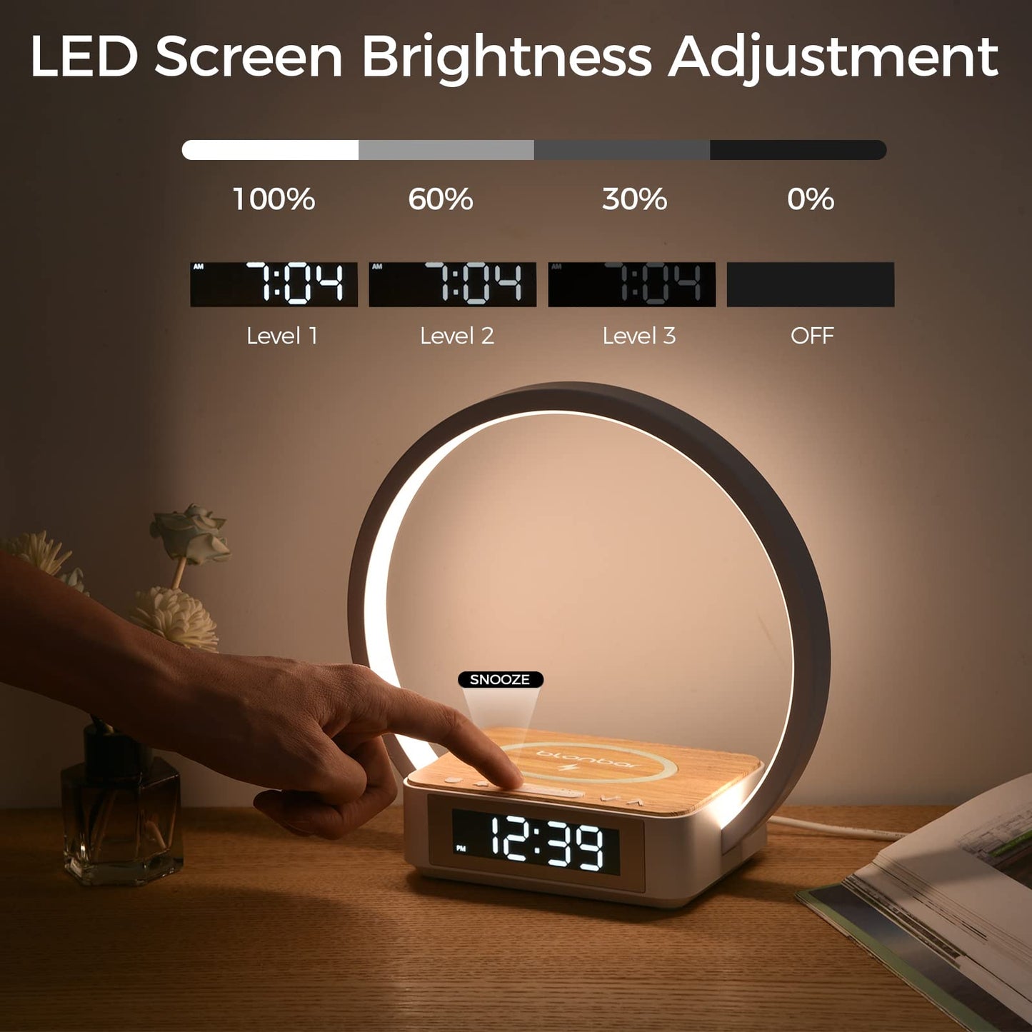 Blonbar Desk Lamp with Alarm Clock Qi Wireless Charger, Touch Lamp for bedroom 3 Light Hues, Bedside Lamp 10W Max Wireless Charging Table Lamp LED Eye-Caring Reading Nightstand Light for Living Room