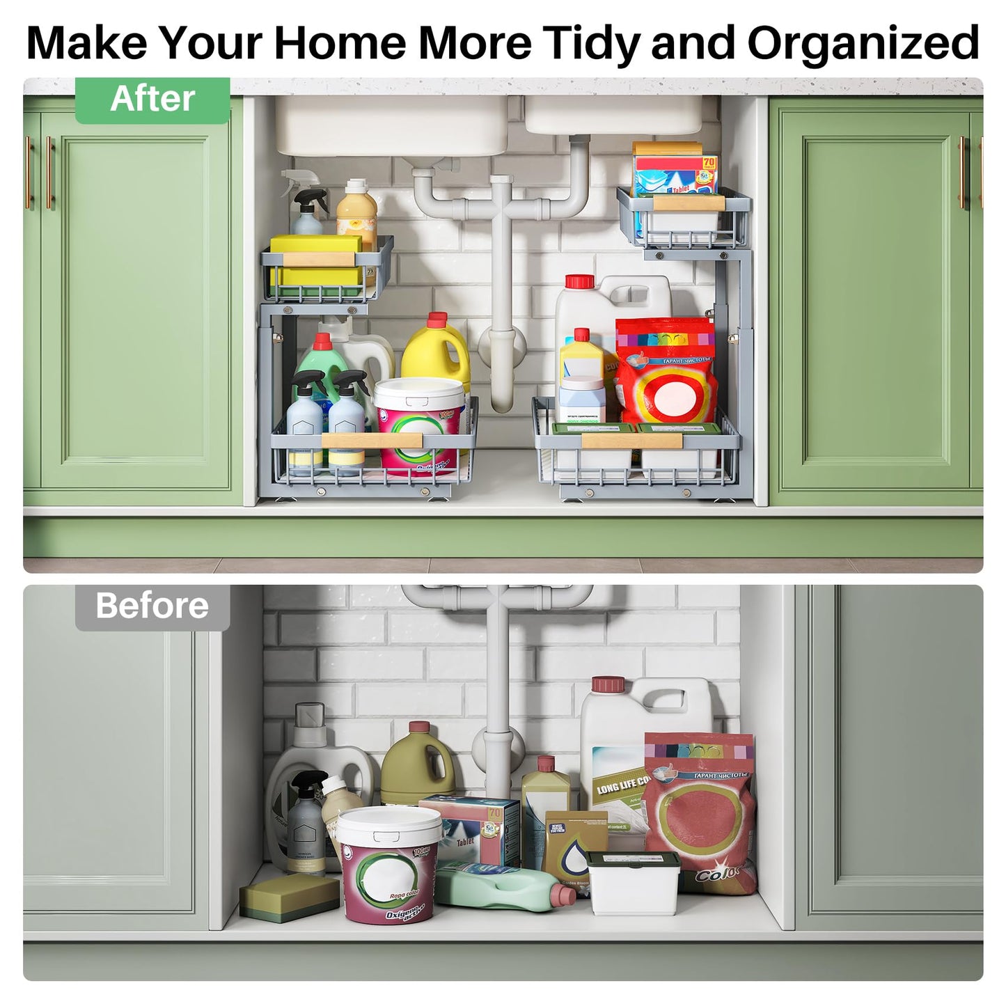 Kitstorack Under Sink Organizer, 2 Tier Under the Sink Storage, Slide out Pull out Cabinet Organizer Shelf, Metal Sliding Drawer for Kitchen Bathroom Pantry Closet Organization Rack, Grey, 2 Pack
