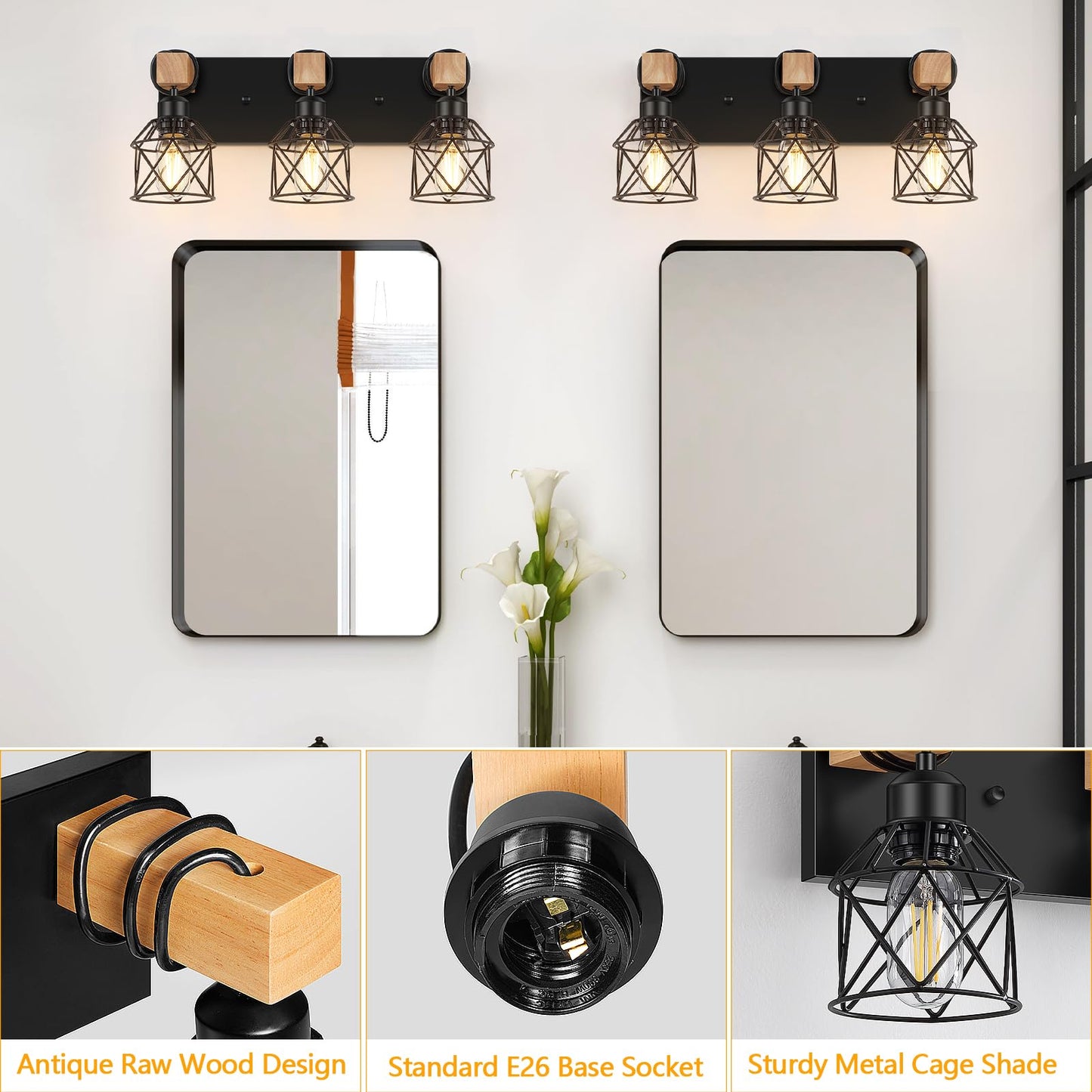 FadimiKoo 3-Light Farmhouse Vanity Light for Bathroom, Wood Bathroom Light Fixtures Over Mirror, Industrial Black Vanity Light with Metal Lampshade for Bedroom Hallway Living Room