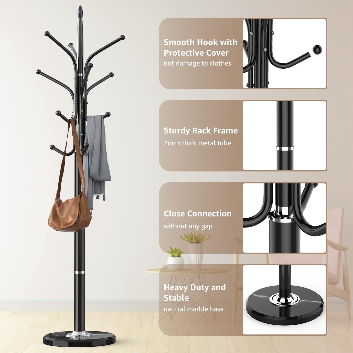 HzTinT Heavy Duty Coat Rack with Marble Base, Freestanding Hall Coat Tree with 12 Hooks and 3 Adjustable Sizes, Metal Coat Rack Stand for Entryway, Bedroom, Office Hanging Purses, Coats, Scarves, Hats
