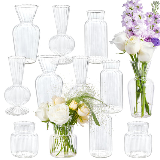 12 Pcs Ribbed Glass Bud Vases Set, 4 Styles Clear Small Flower Vases in Bulk, Roman Column Vertical Ribbed Design for Wedding, Home Decor, Table Centerpieces, Party