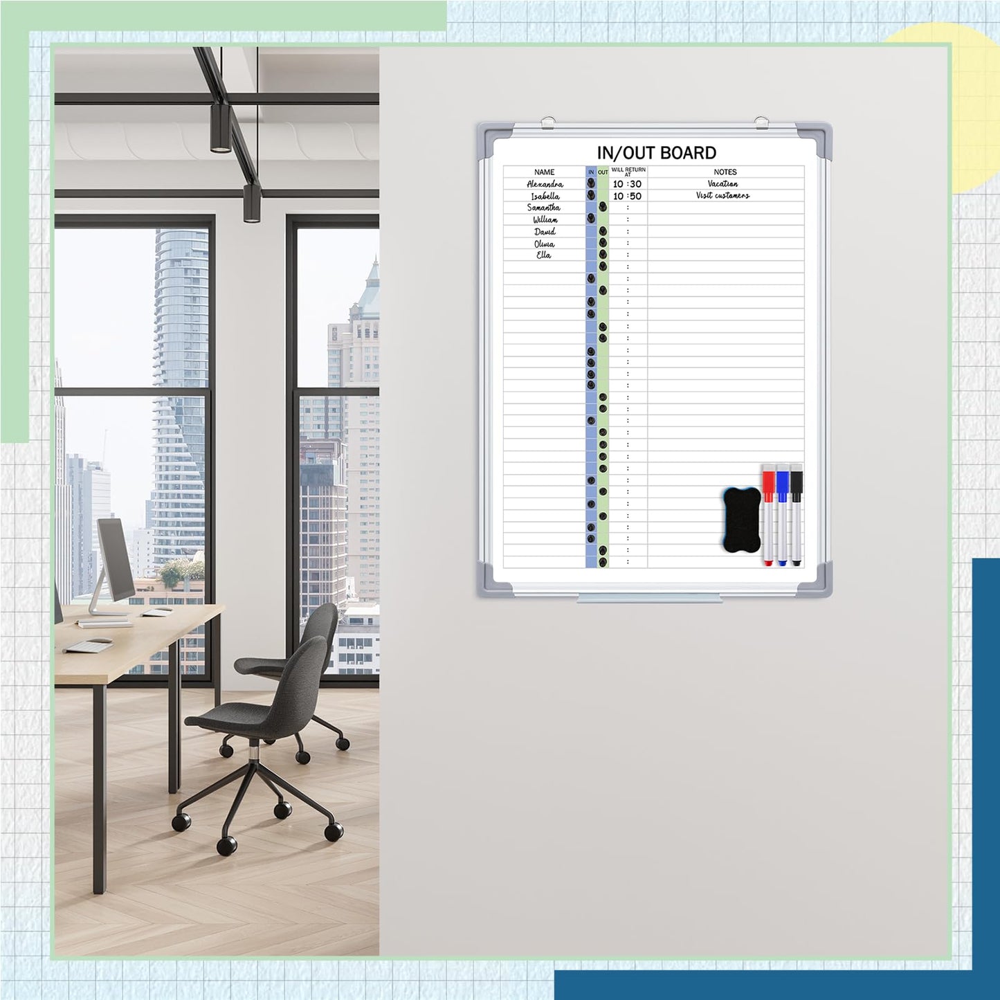 Lincia in and Out Magnetic Dry-Erase Board 24" x 18" Aluminum Framed White Board with Lines 33 Names with Magnetic Dry-Erase Marker, Eraser, and 35 Magnets Wall-Mounted for Office Employee