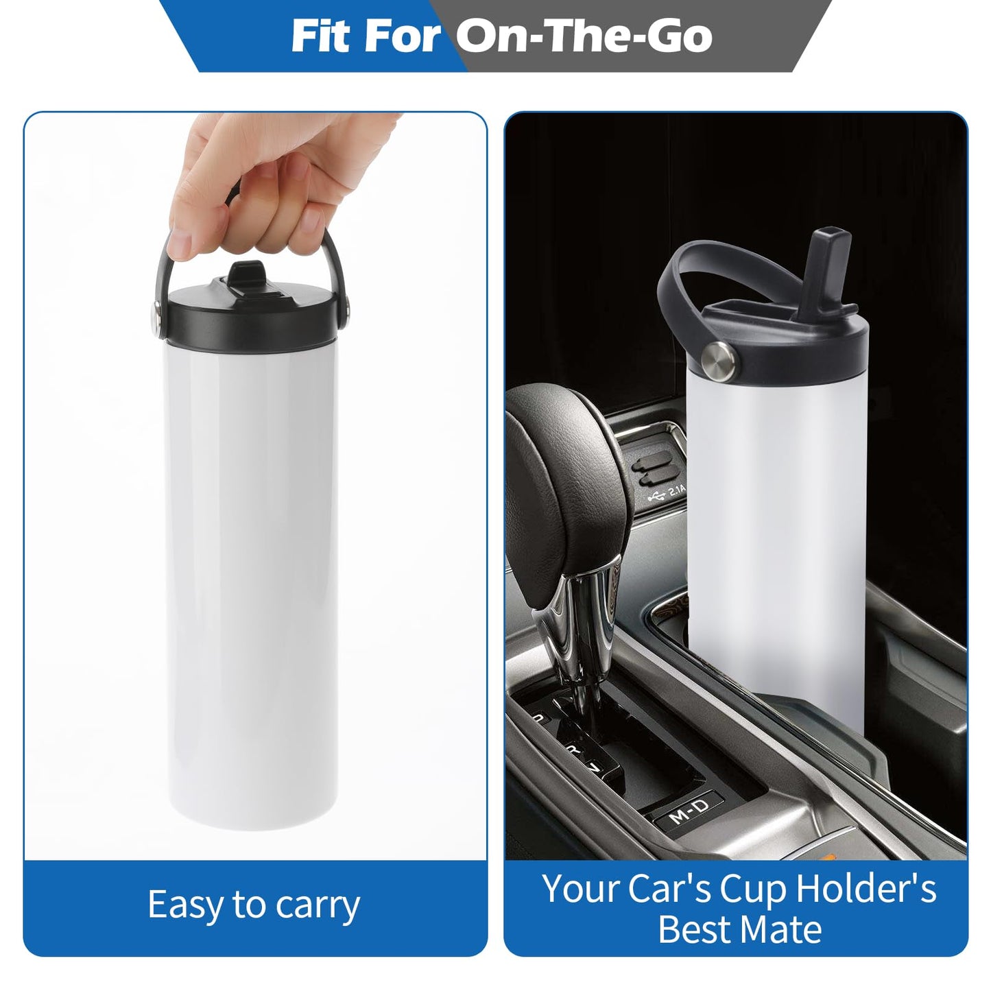 12 Pack Sublimation Tumblers Flat Edge Blanks Skinny Straight 20 oz, Stainless Steel Double Wall Insulated Sublimation Water Bottles with Portable Handle & Straw Lids for Heat Transfer, White