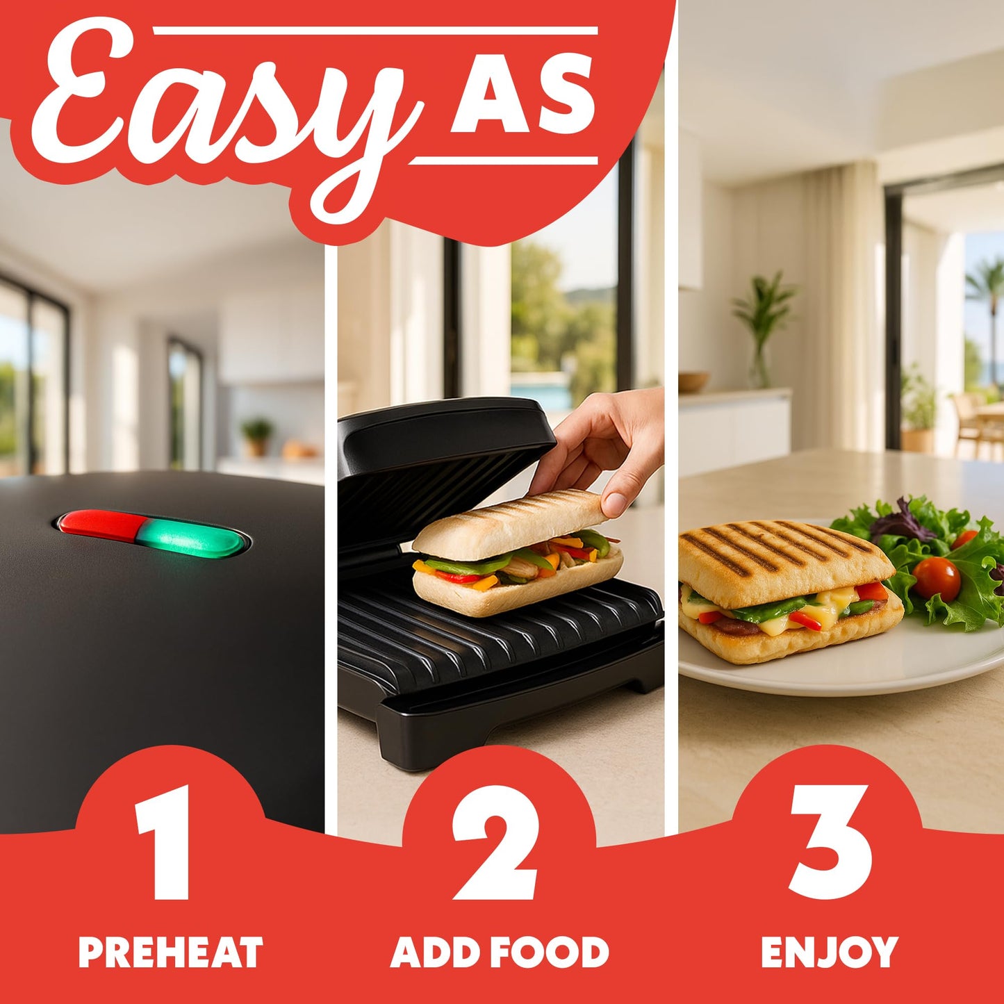 Gourmia Indoor Grill & Panini Maker – 4 Serving Contact or Open Grill, Nonstick Ceramic, Preheat Indicator Light, Slope Design with Removable Dishwasher Safe Drip Tray