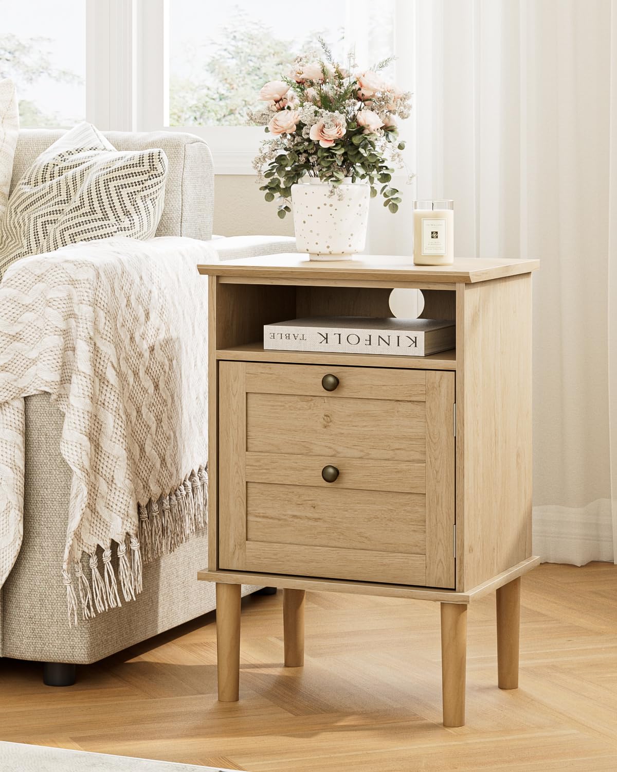 Apetaccat Nightstand, Boho Night Stand with 1 Drawer, Modern Side Accent Table with Open Shelf, Wooden Top Bedside End Table for Bedroom, Living Room, Natural