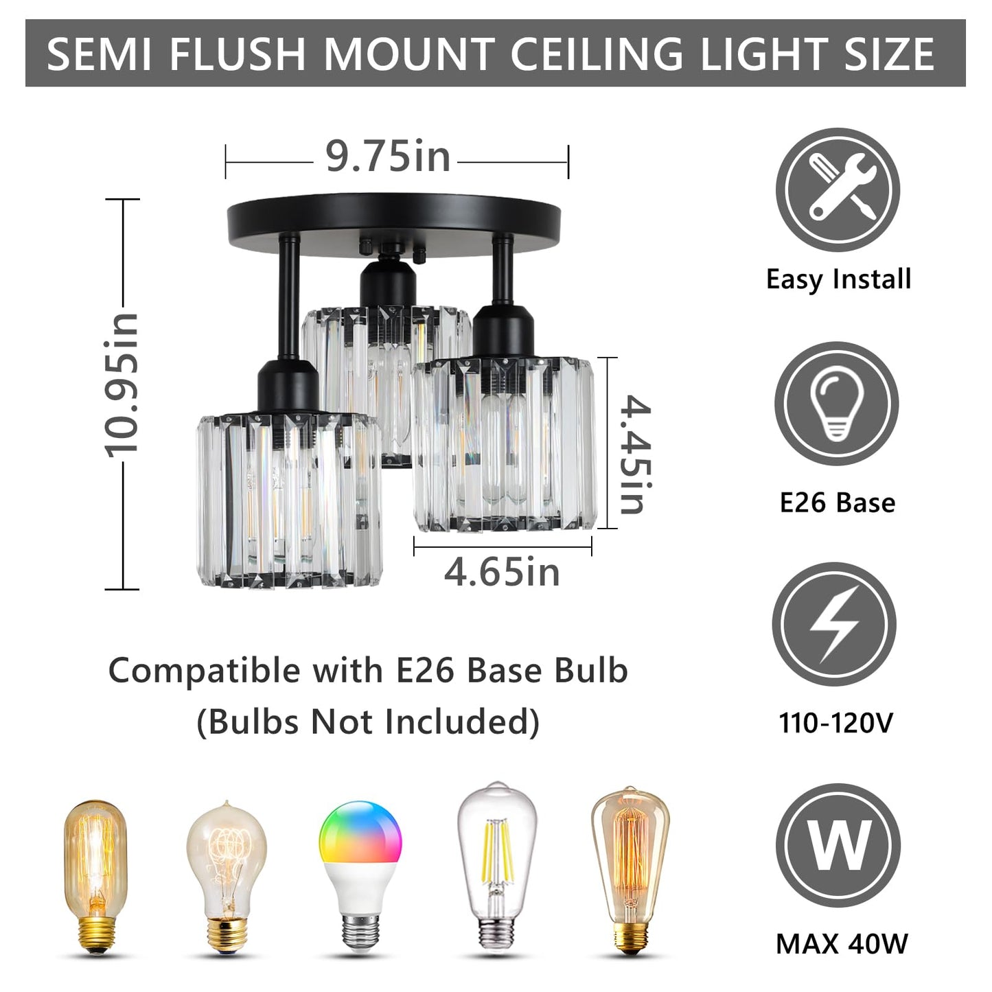 PAUFUL Crystal Semi Flush Mount Ceiling Light,3-Light Modern Close to Ceiling Light Fixtures,Black Kitchen Light Fixtures with Clear Crystal Shade,Hallway Light Fixtures for Hallway Bedroom Bathroom