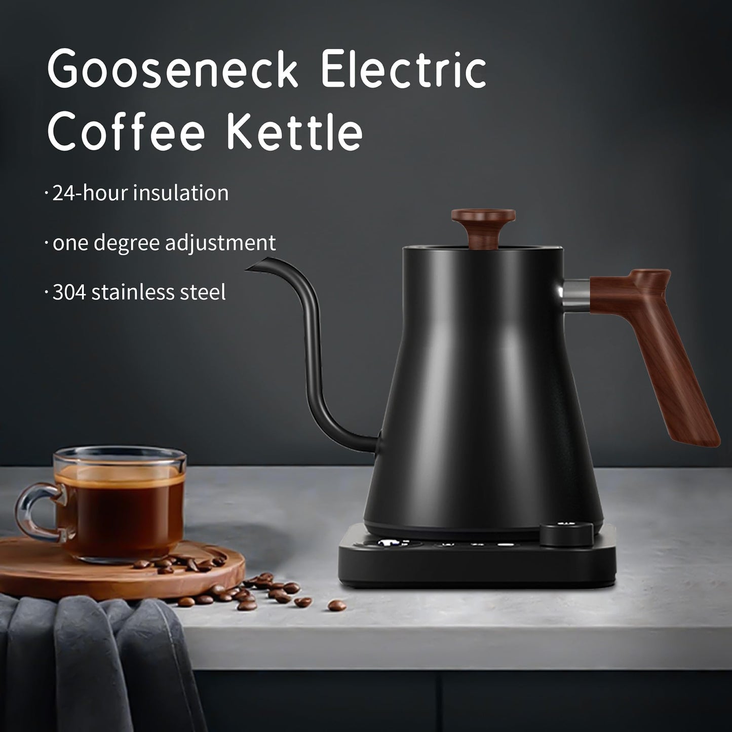 RHD Gooseneck Electric Kettle with Temperature Control LCD Display, 0.9L/900ml Pour Over Coffee & Tea Kettle, 1200W Fast Boil, Keep Warm, 304 Stainless Steel, Black