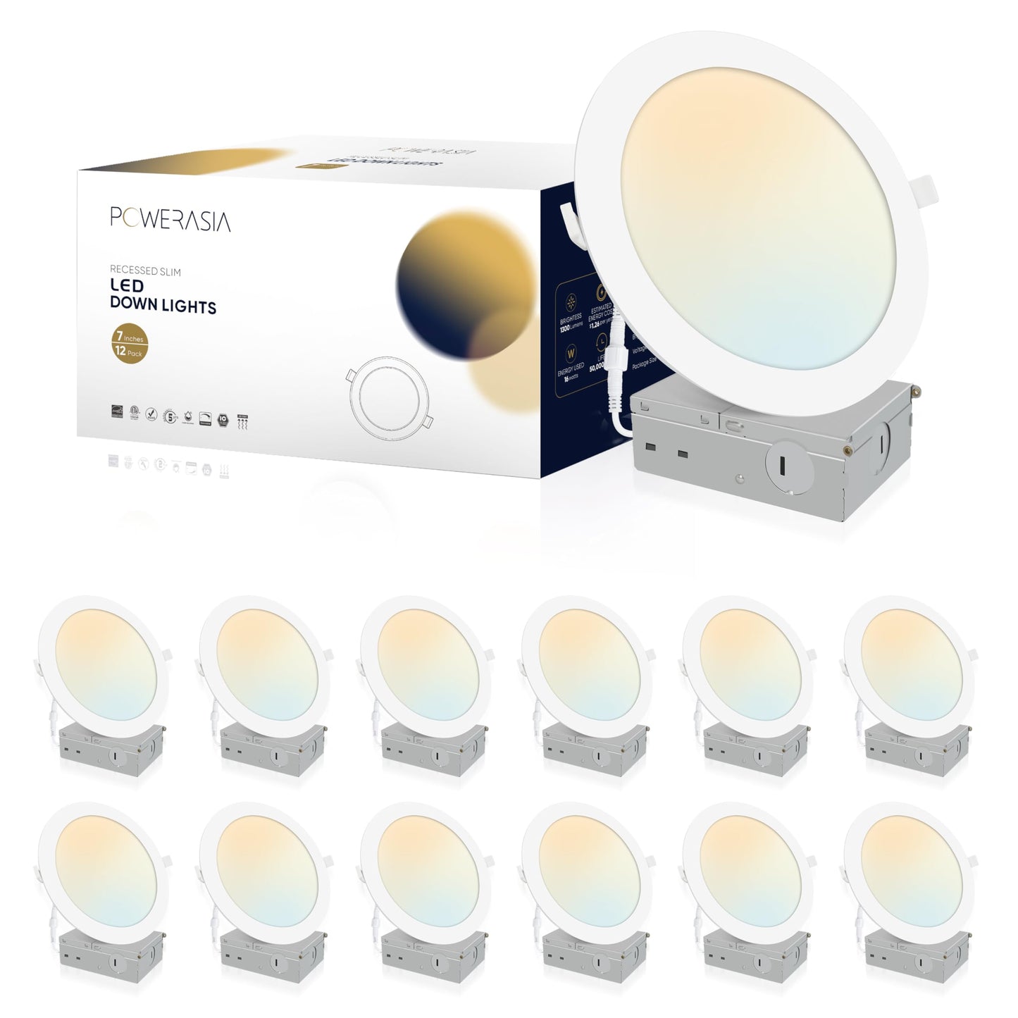 12 Pack Recessed Lighting 7 Inch with Junction Box, 5CCT 7 Inch LED Recessed Lights Dimmable 2700K/3000K/4000K/5000K/6000K, 16W 1300lm Ultra Thin Recessed Lighting - ETL and Energy Star Certified