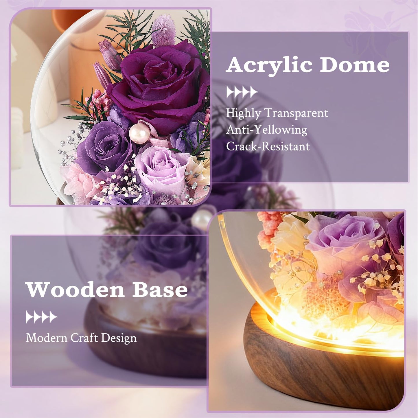 ChosiaRose Preserved Flowers for Delivery - Preserved Roses Forever Flowers Gifts for Mom Grandma,Forever Purple Roses Gift in Acrylic Dome for Her Birthday Flower Gift for Women Wife Mother Valentine