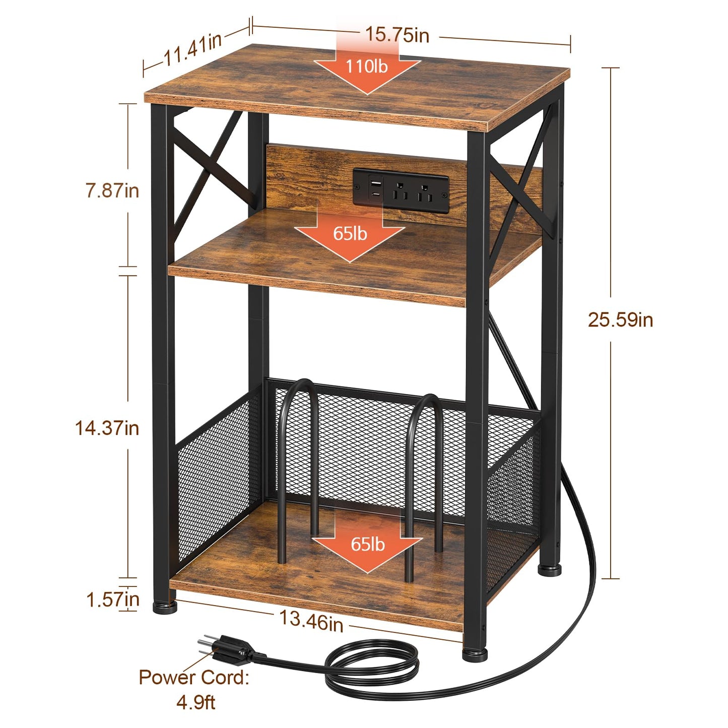 AMHANCIBLE Record Player Stand with Charging Station, Turntable Stand with Storage Cabinet, 3 Tier End Table Hold Up to 100 Albums, Record Table for Vinyl, Living Room, Rustic Brown, HETCD01BR-1