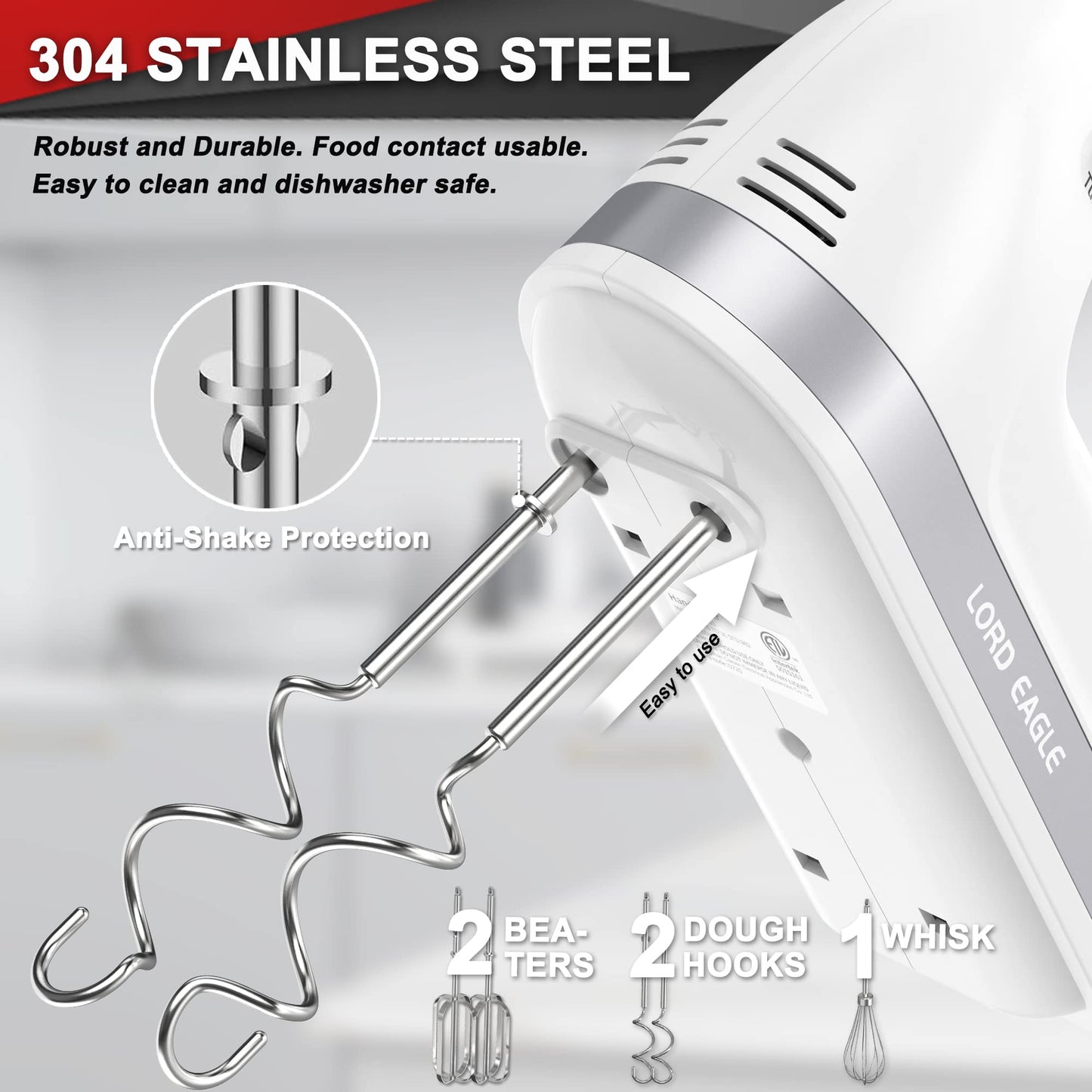 Lord Eagle Hand Mixer Electric Handheld 400W, 5-Speed Lightweight Kitchen Mixer with Stain-resistant & Waterproof Storage Bag, 5 Stainless Steel Attachments for Baking Cake Egg Cream Food Beater
