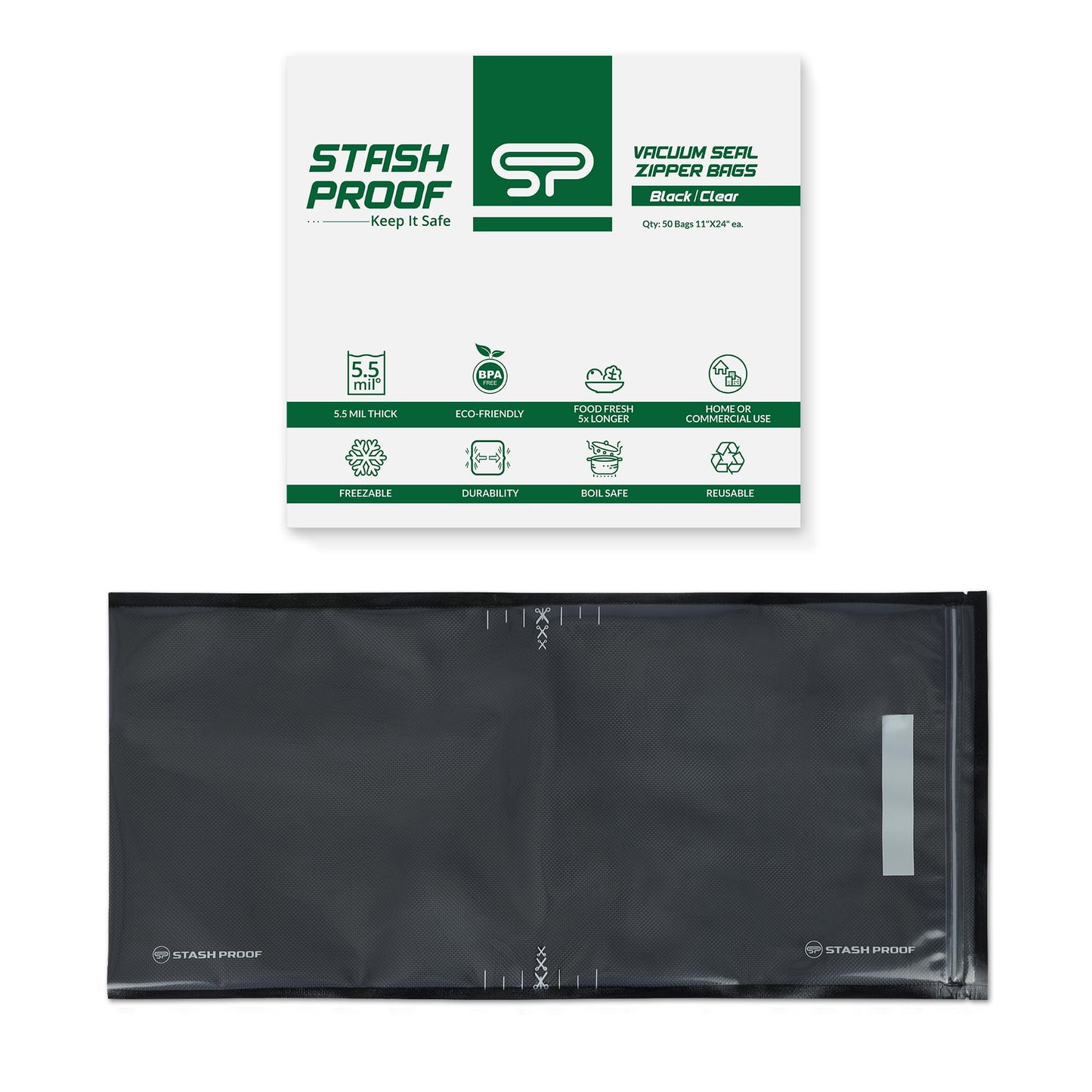 Stash Proof Resealable Zipper Vacuum Seal Bags 11" x 24" (50 Count) 5.5 Mil (Black and Clear) - BPA Free Commerical Grade Food Saver for Storage, Sous Vide, and Meal Prep Sealer Bag