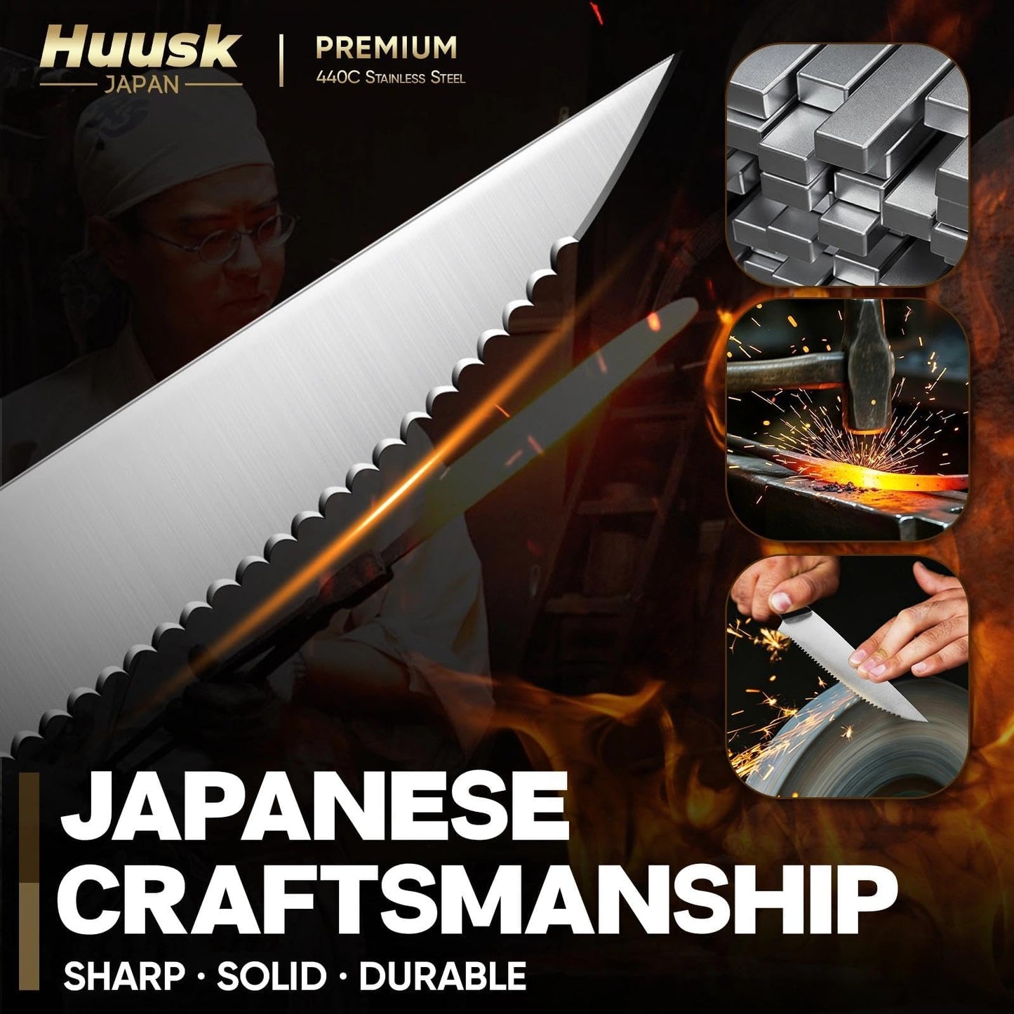 Huusk Steak Knives Set of 6, Sharp Serrated Steak Knives with Full Tang Handle, Japanese Stainless Steel Stake Knife Set for Dinner Kitchen Table, Birthday Gifts Box for Men Women
