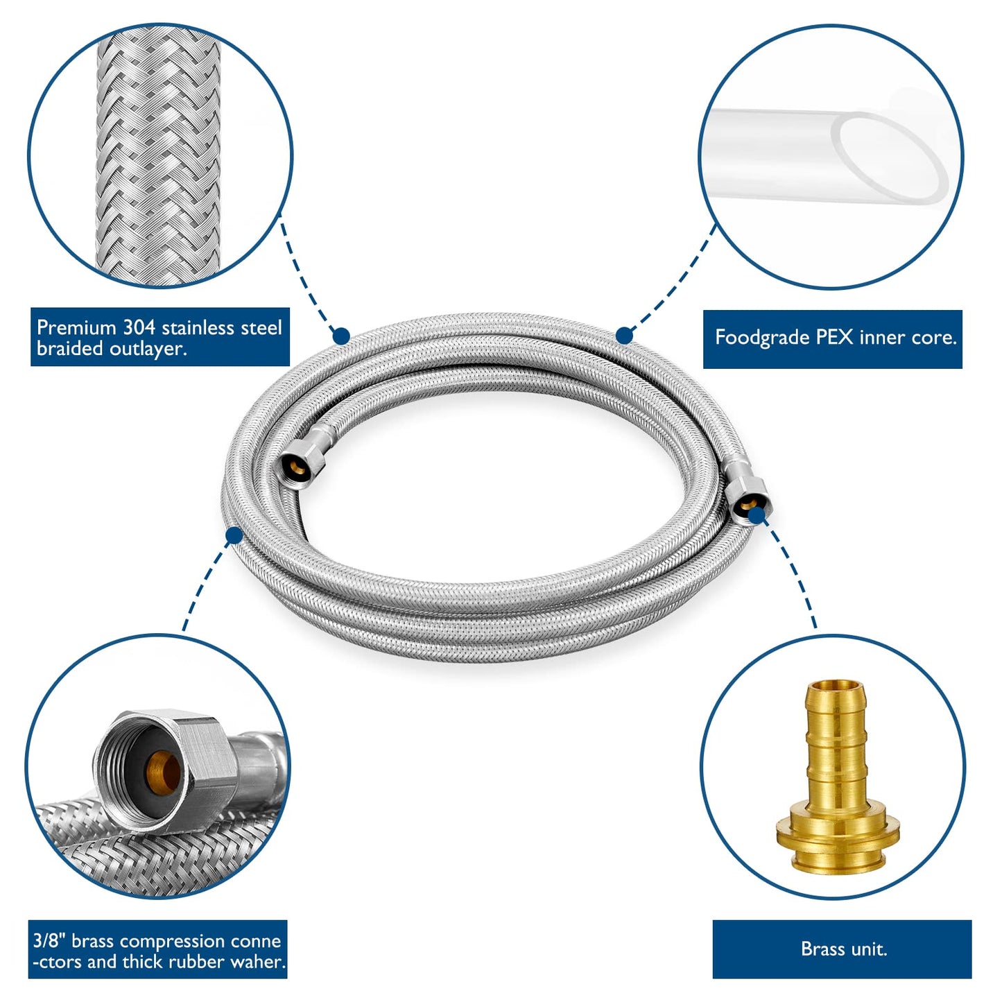 Dishwasher Installation Kit - 15 FT Stainless Steel Braided Dishwasher Hose kit,Food Grade PEX Inner Tube Water Line with 3/8"x 3/8"x 3/8" Tee Stop Valve,3/8"x 3/8"MIP Elbow,3/8"x 3/4"FHT Elbow
