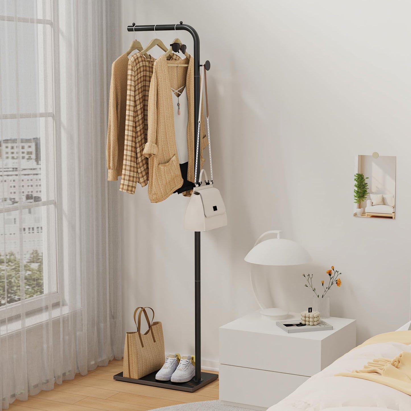 OUTBROS Coat Rack, Portable L-shaped Clothes Rack with Hook, Modern Hanger, Sturdy Freestanding Metal Clothing Rack, Used in Bedroom, Entrance and Living Room, 15.3x10.2x70.8 inch, Black