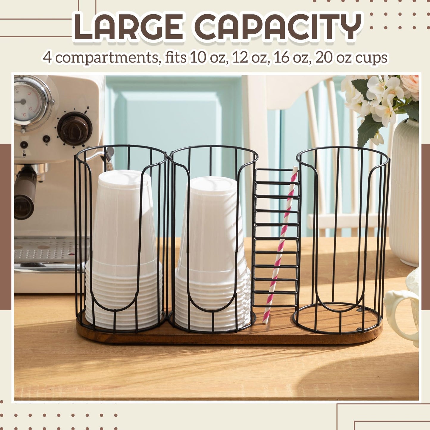 Geelin 18oz Adjustable Coffee Cup Dispenser with Wooden Base, Cup Holder Organizer for Storing Paper Cups, Straws, Lids and Other Tableware(4-compartment Single,Color 1)