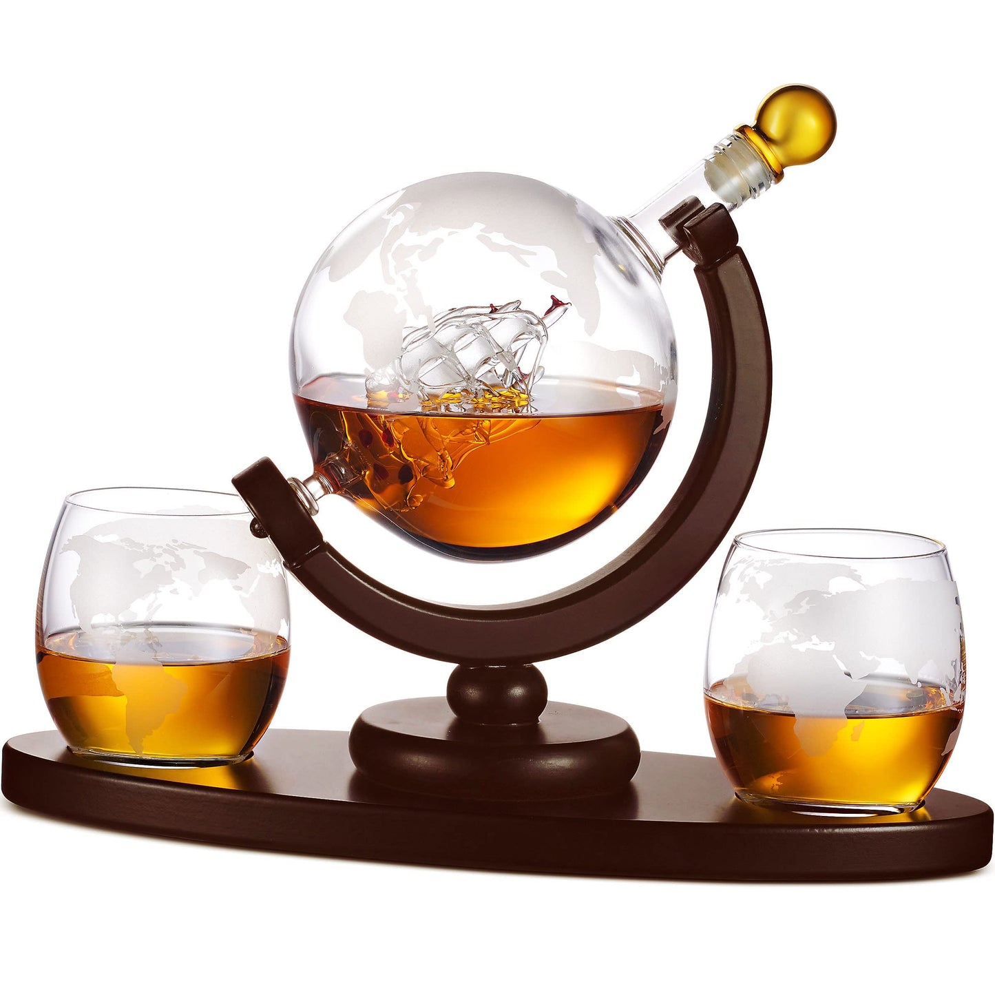 Gifts for Men, Whiskey Decanter Globe Set with 2 Etched Whiskey Glasses - for Liquor Scotch Bourbon Vodka, Gifts For Dad - 850ml