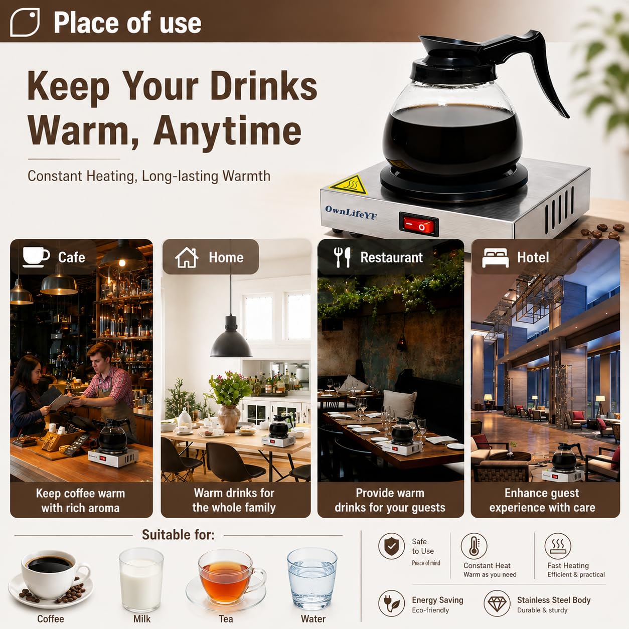 Commercial Coffee Warmer, 60W 176℉ Single Burner Decanter Warmer Plate, Stainless Steel, for Cafe, Break Room, Buffet, for Melting Beeswax, Softening Shea butte, Beverages, Milk & Tea, Ideal Gifts