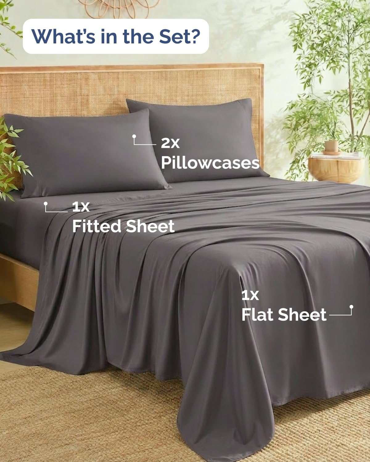 100% Rayon Derived From Bamboo - Bamboo Sheets Queen Size - Cooling Sheets for Queen - Soft, Breathable & Hotel Luxury Bedding - 1 Flat & 1 Fitted & 2 Pillowcases w/ 18 Inch Deep Pockets - Dark Grey
