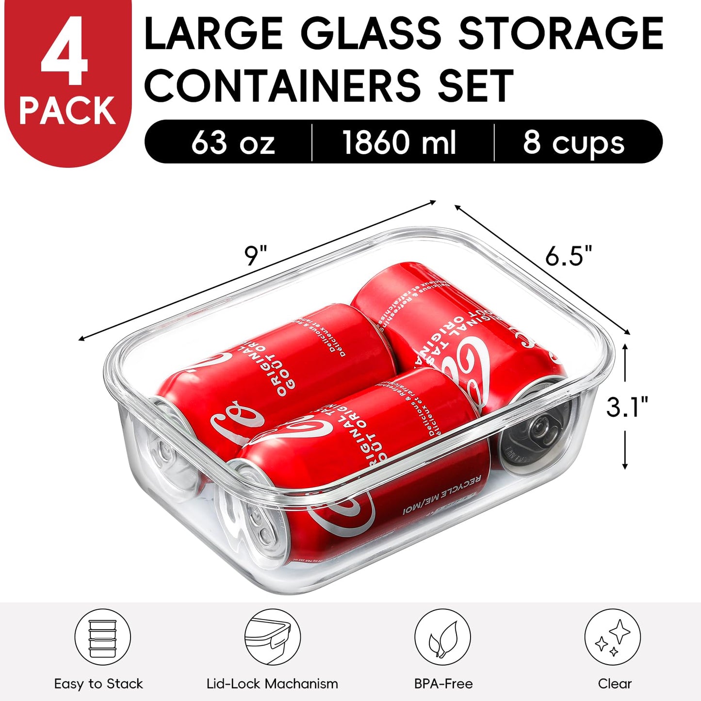 Snuvid 4 Pack 8 Cups/ 63oz Large Glass Storage Containers with Lids, Meal Prep Containers, Glass Food Storage with Airtight Lid for Baking, Leak Proof & Microwave, Oven Safe (4 Containers + 4 Lids)