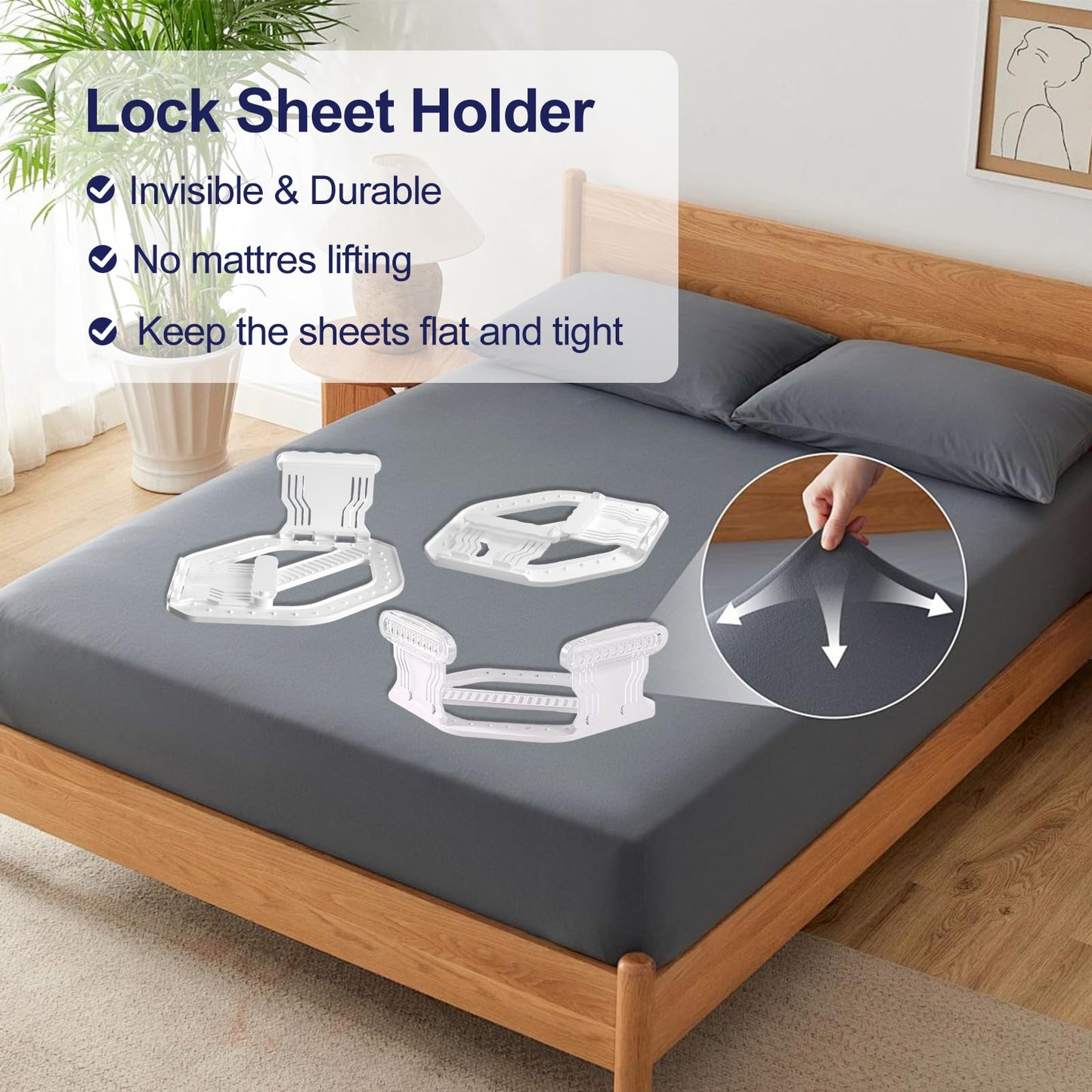 Bed Sheet Holders for Corners, New Upgrade Fitted Sheet Holder Grippers Dual-Side Lock Design, 4Pcs Sheet Straps Heavy Duty Sheet Clips Fitted All Mattress Sizes, Lock Sheet Holders Keep Firm (White)