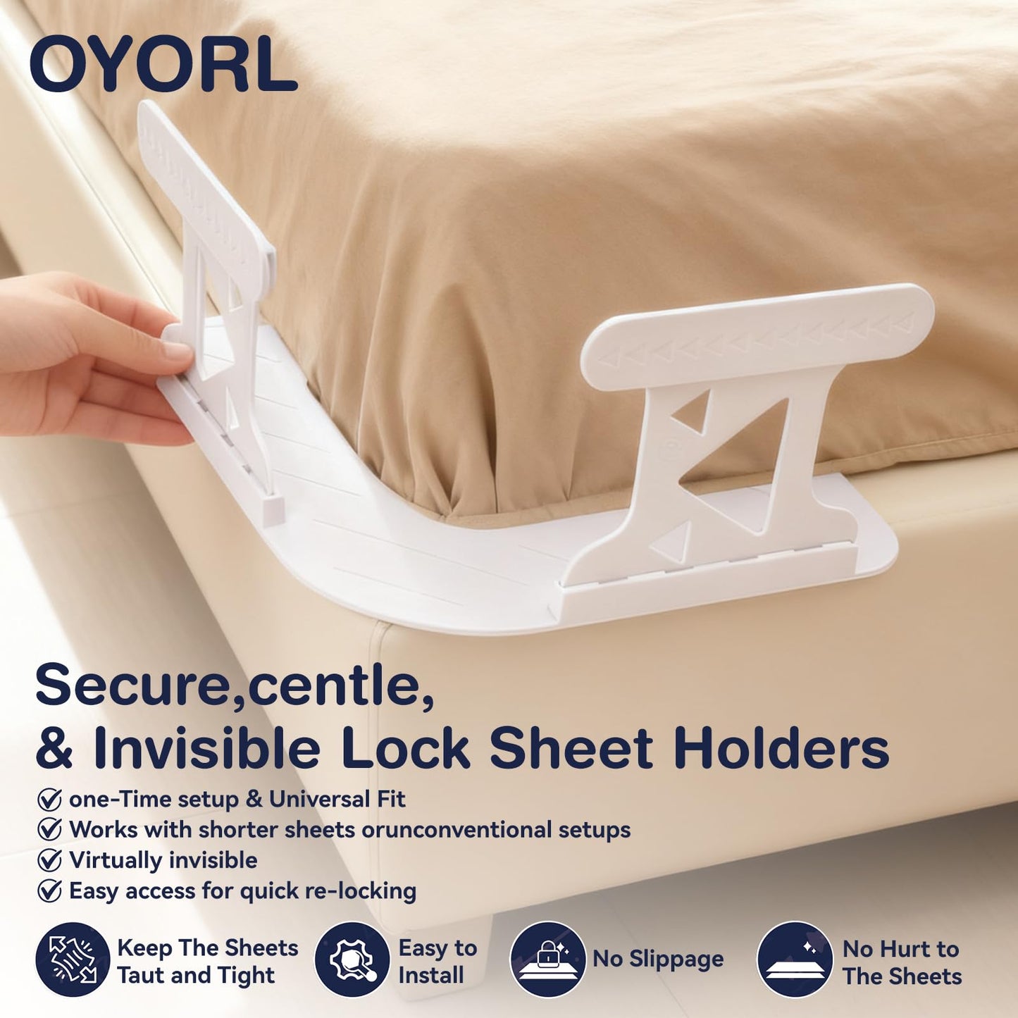 OYORL No-Lift Bed Sheet Holders for Thick Mattresses, Triangle Sheet Straps Keep Sheets in Place All Night, Upgraded Mattress Clips with Fabric-Safe Grippers, Fitted Sheet Fasteners 4Pcs（White）