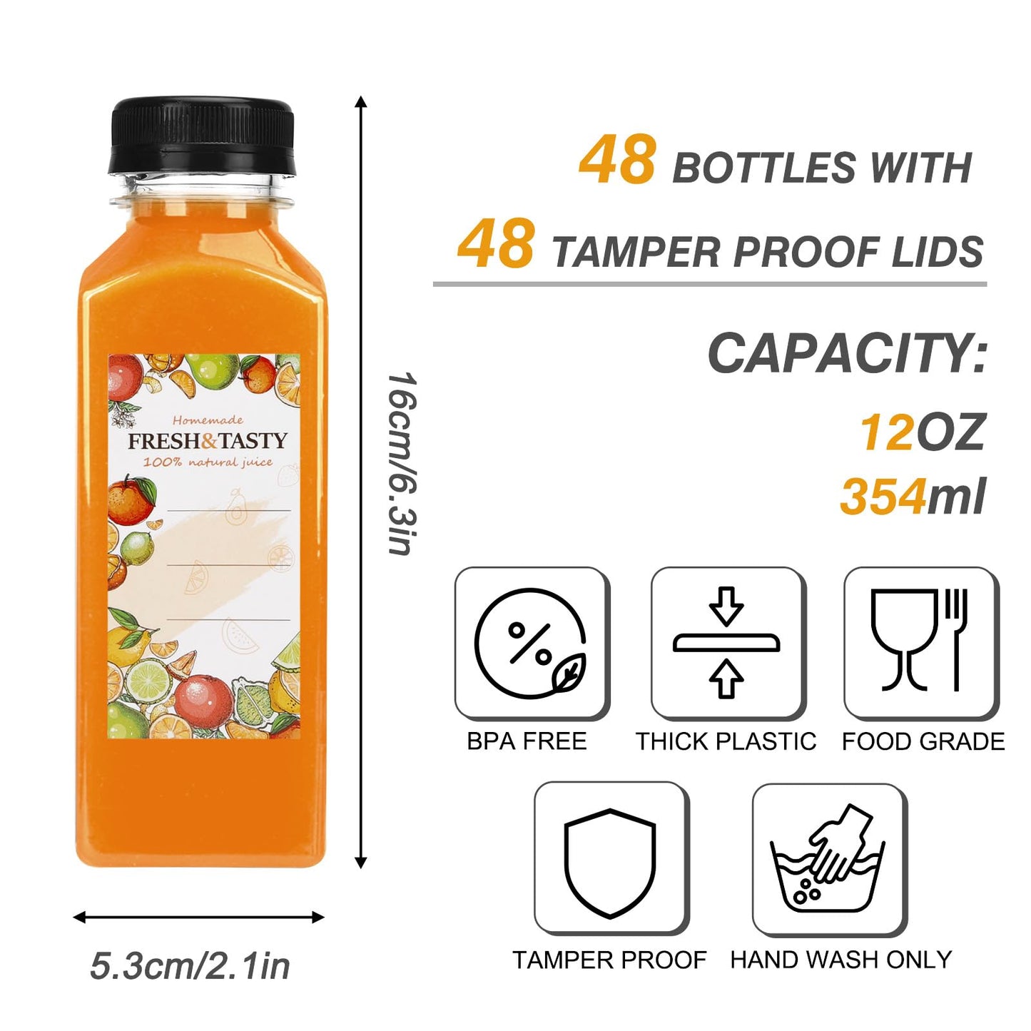 TOMNK 48pcs Juice Bottles, 12oz Reusable Plastic Juice Bottles with Caps and Labels, Funnel, Brush Beverage Containers for Juicing, Smoothies, Tea, Milk