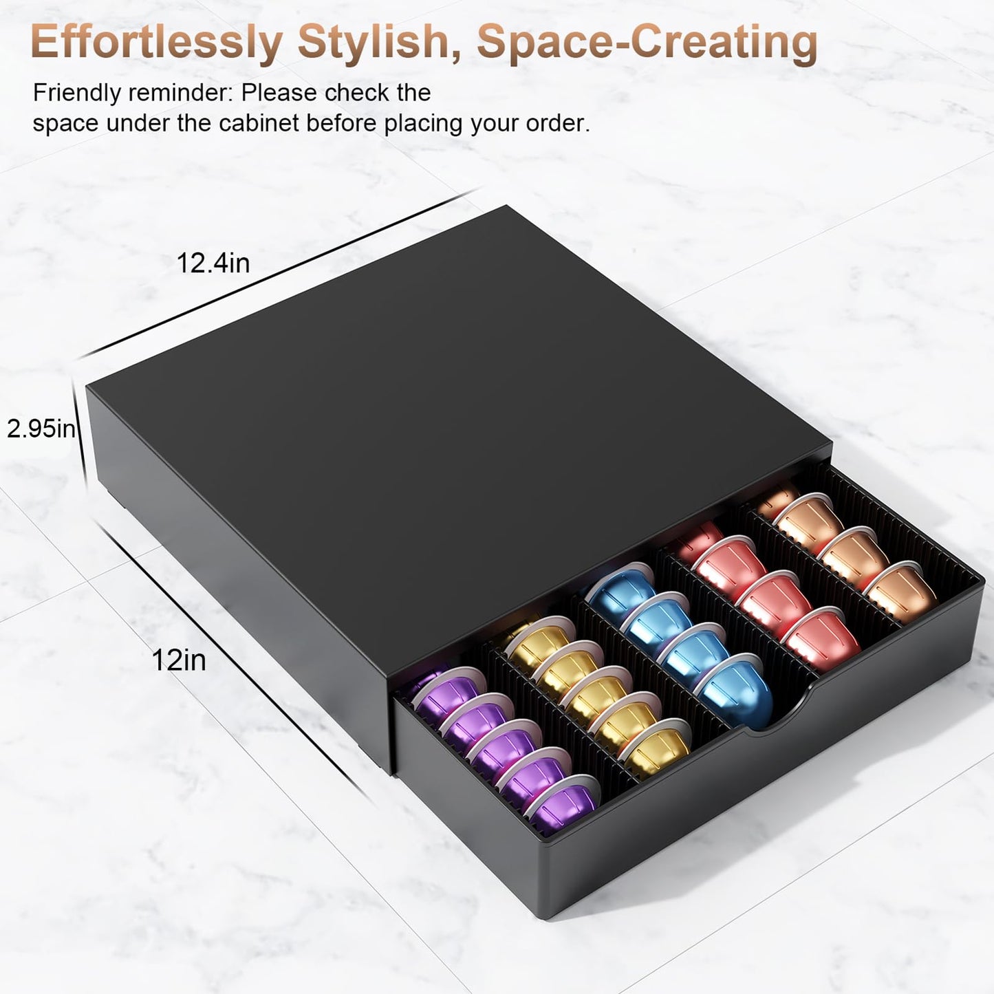 OUTIOE Coffee Pods Drawer Organizer Compatible with Nespresso Vertuo Pods Holds Up to 60 Small or 40 Large (Black)