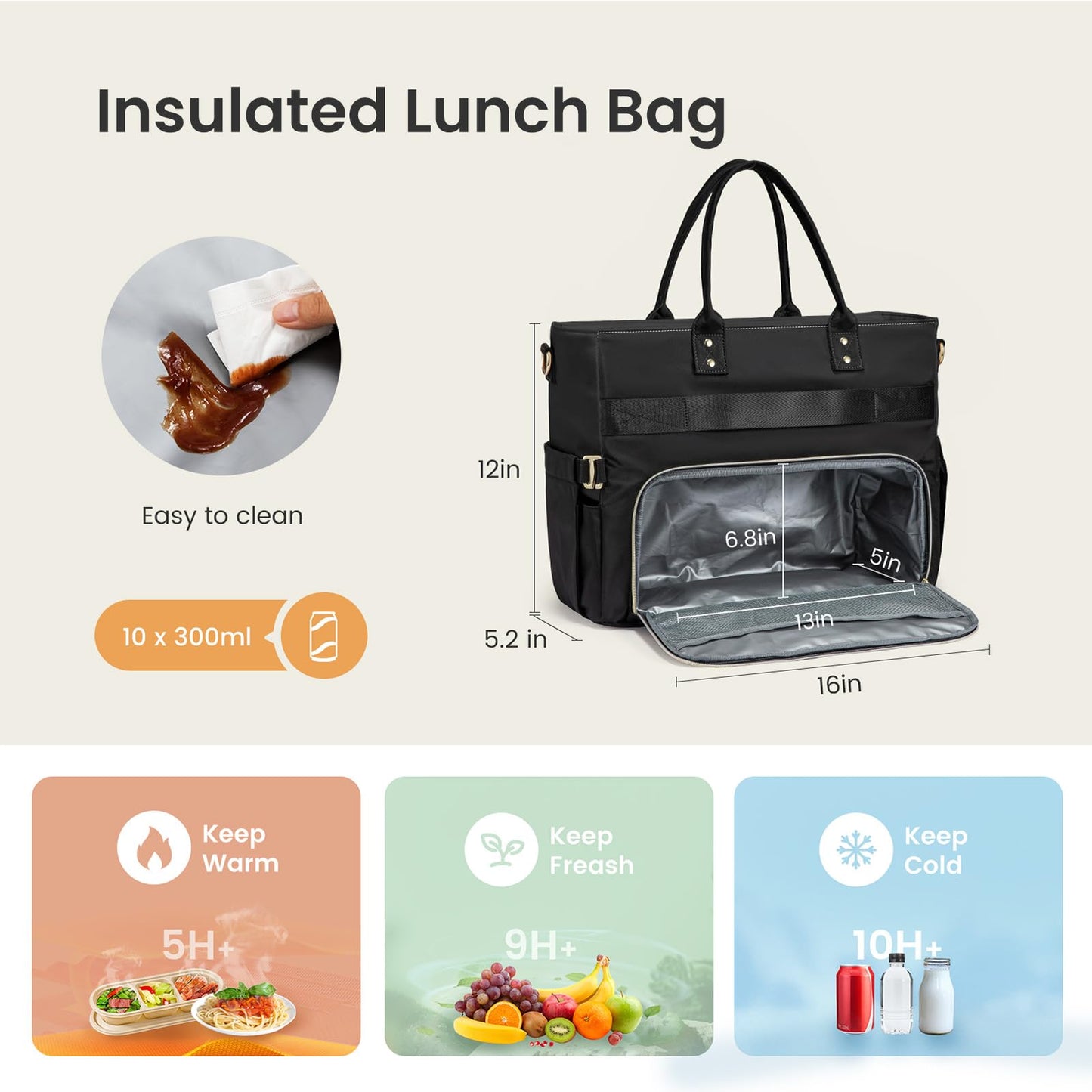 LOVEVOOK Lunch Bag, Tote Bag for Women with Insulated Lunch Compartment, Large Capacity Work Tote fit 15.6 Inch Laptop, Teacher Nurse Bag for Work, Crossbody Bags for Women with Cup Holder, Black