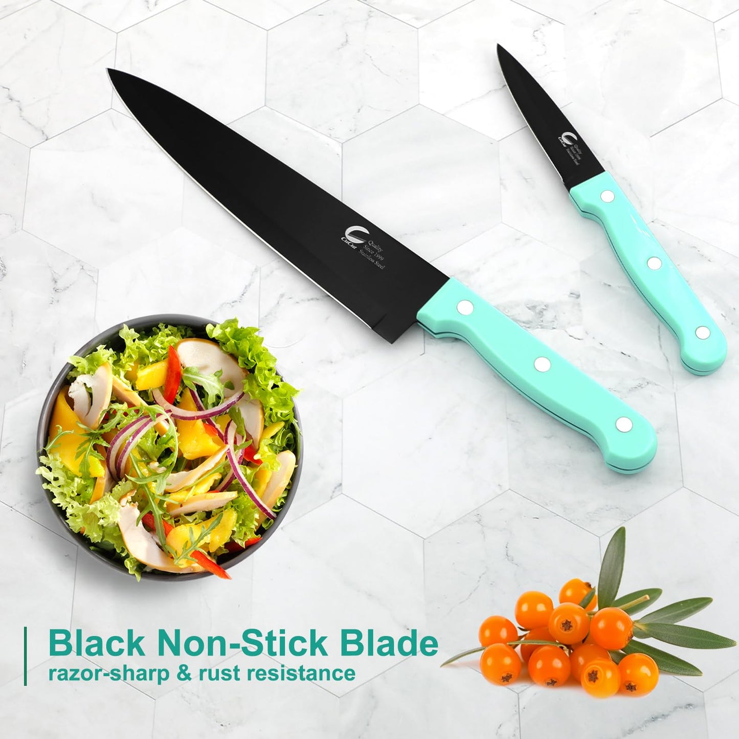 CuCut 16-Piece Kitchen Knife Set with Block - High Carbon Stainless Steel Knives, Black Non-Stick Coating, Triple Riveted Forged Turquoise Handle, Dishwasher Safe, Includes Knife Sharpener, Scissors