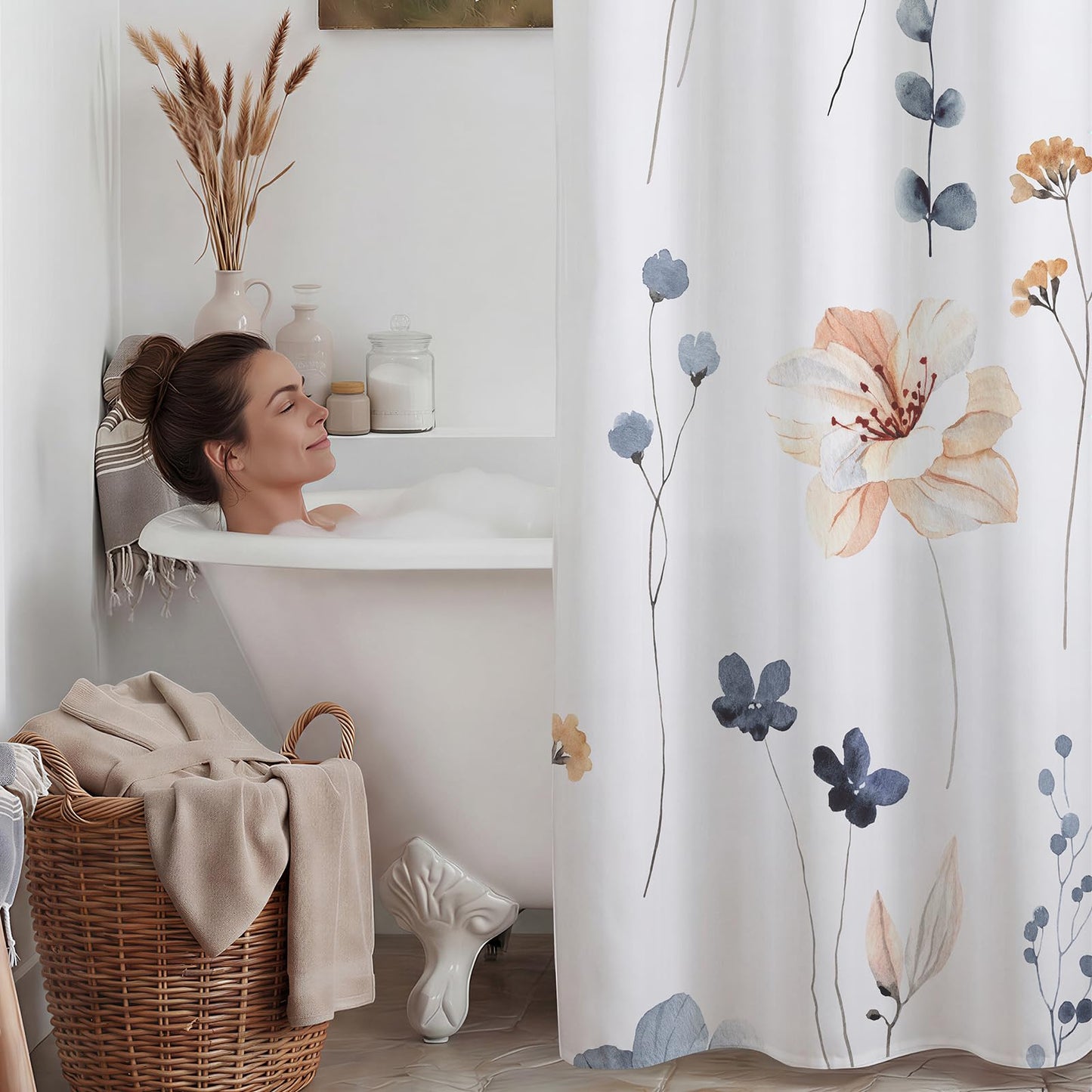 WITHLOC No Hook Shower Curtain with Snap in Liner - Watercolor Floral Shower Curtain - Fabric Waterproof Inner Liner, Plants Blue Beige Flowers White Cloth Shower Curtains Washable, 71 x 74 Inch