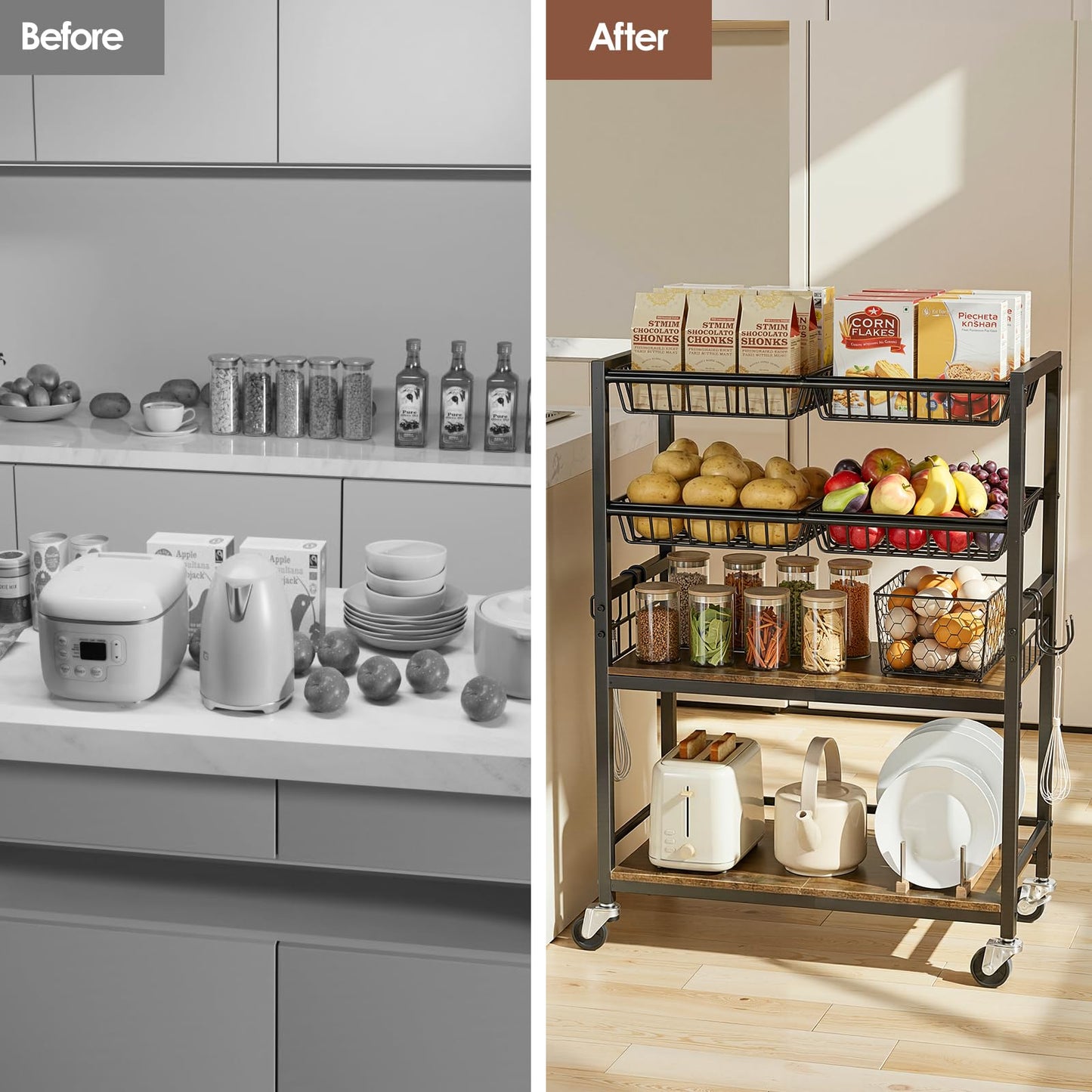 Kssiaz Fruit Vegetable Storage Cart, 4-Tier Rolling Kitchen Storage Cart, Fruit & Vegetables Basket Stand, Snack Organizer Shelf Unit for Kitchen, Bathroom, Living Room, Office, Balcony, Black