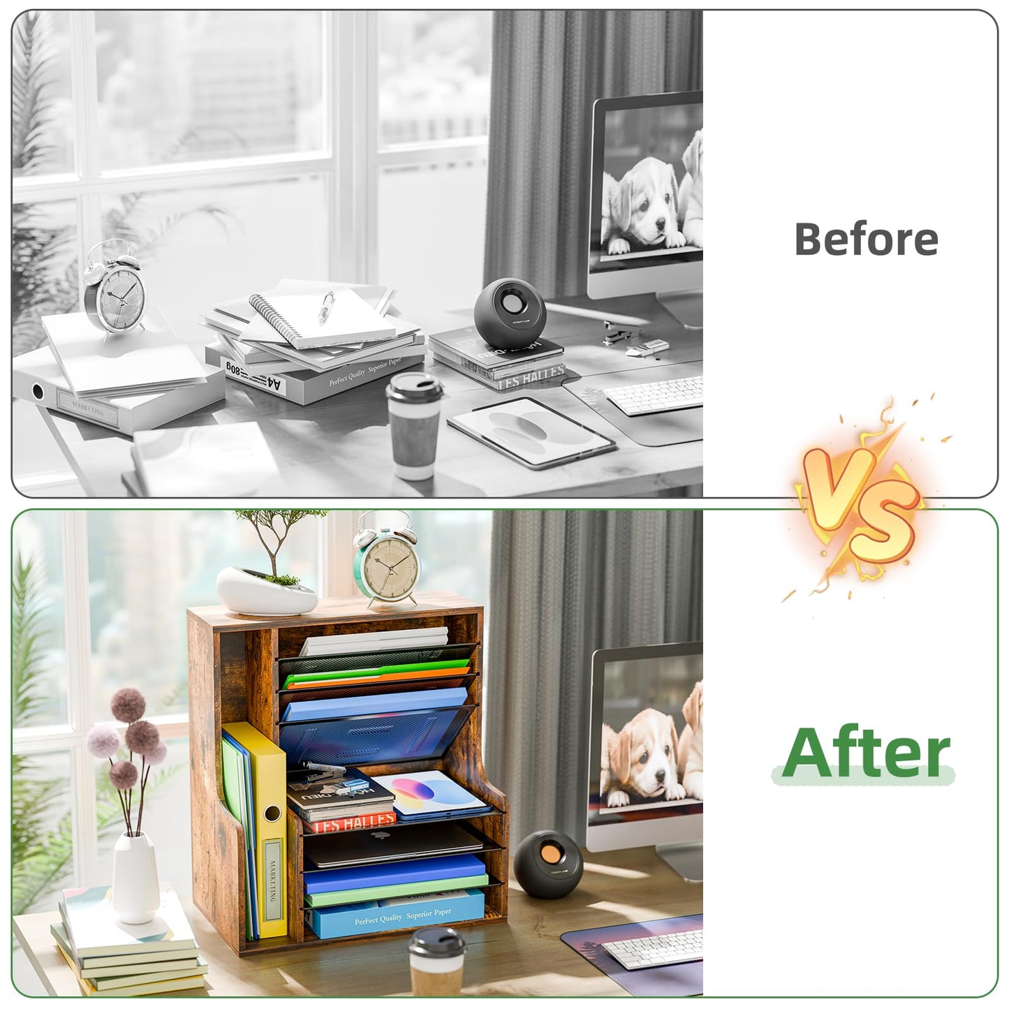 Simple Trending 7 Tier Desk File Organizer, Wooden Letter Tray Paper Organizer with Adjustable File Holder, Mesh Desktop Organizer and Storage for Office Supplies