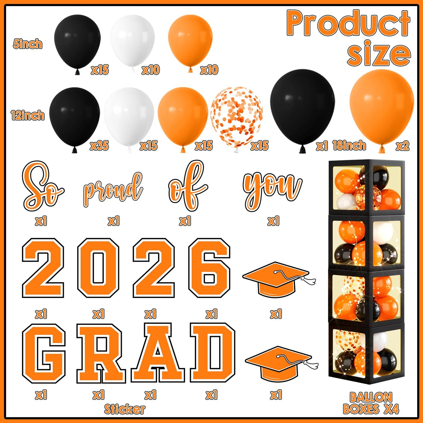 2026 Graduation Party Decorations Class of 2026 Balloon Boxes with Letters 2026 Grad & So Proud of You Congrats Grad Party Decorations 117pcs Balloons for Any Grades Class Grad Party (Black Orange)