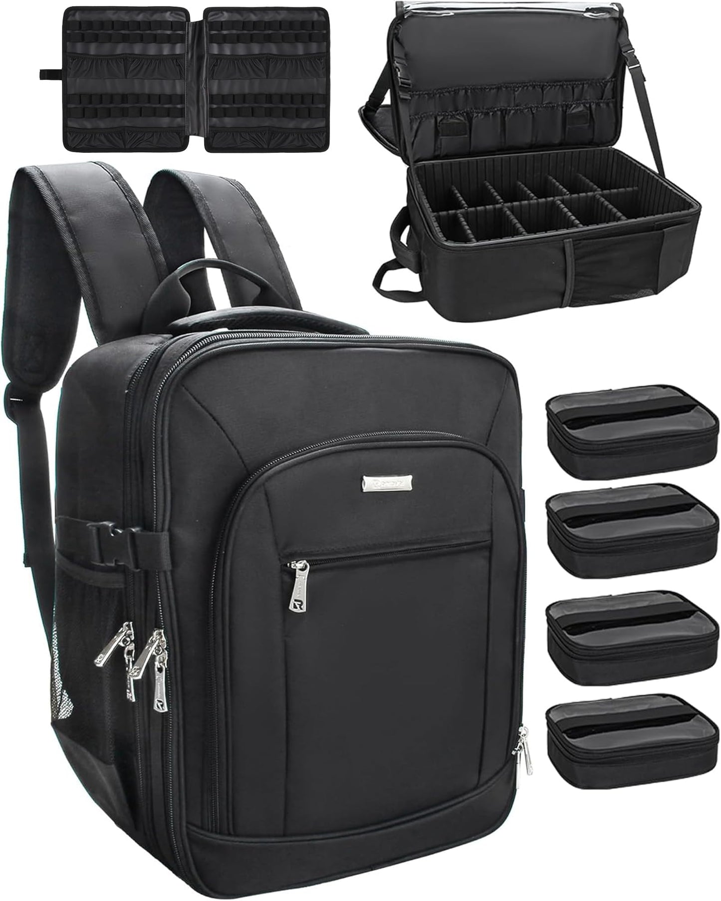 Makeup Backpack Makeup Artist Bag Professional Makeup Bag Extra Large Makeup Case Travel Train Case Storage Organizer Large Capacity Cosmetic Case with 4 Small Bag (Black, Large)
