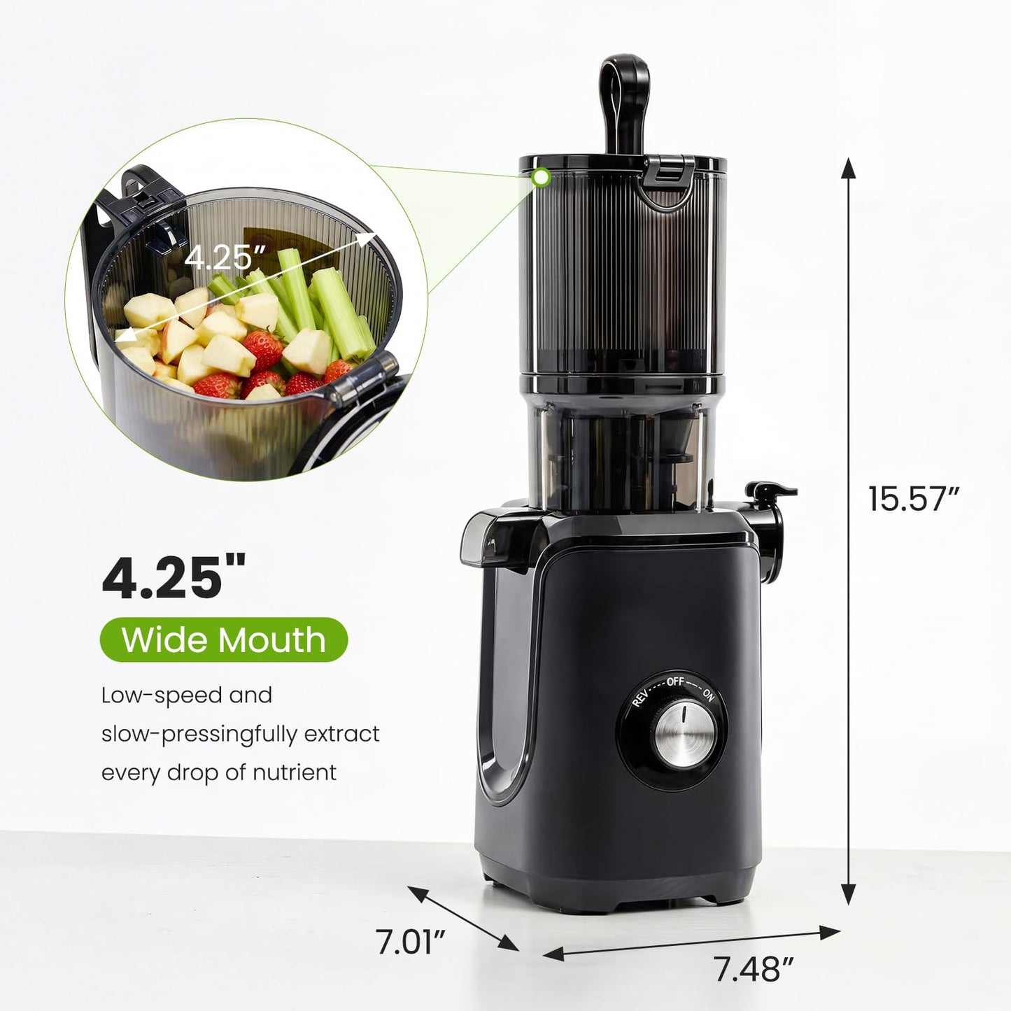 KMFurnila Slow Masticating Juicer Machines, Cold Press Juicer with Safety Lock & Reverse Function, 4.25" Feed Chute for Whole Fruits & Vegetables, High Juice Yield, Black