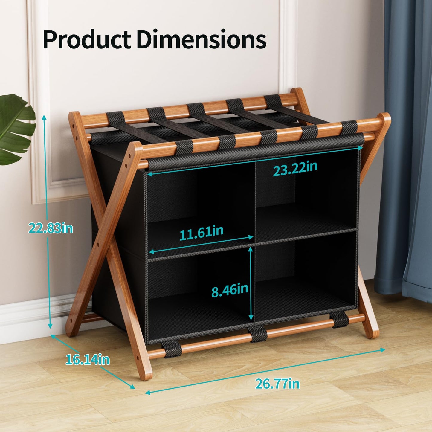 MHACVVO Bamboo Luggage Rack with 4 Storage Compartments, Foldable Suitcase Stand for Guest Room, 150lbs Capacity, Sturdy, Space-Saving and Easy to Assemble Organizer
