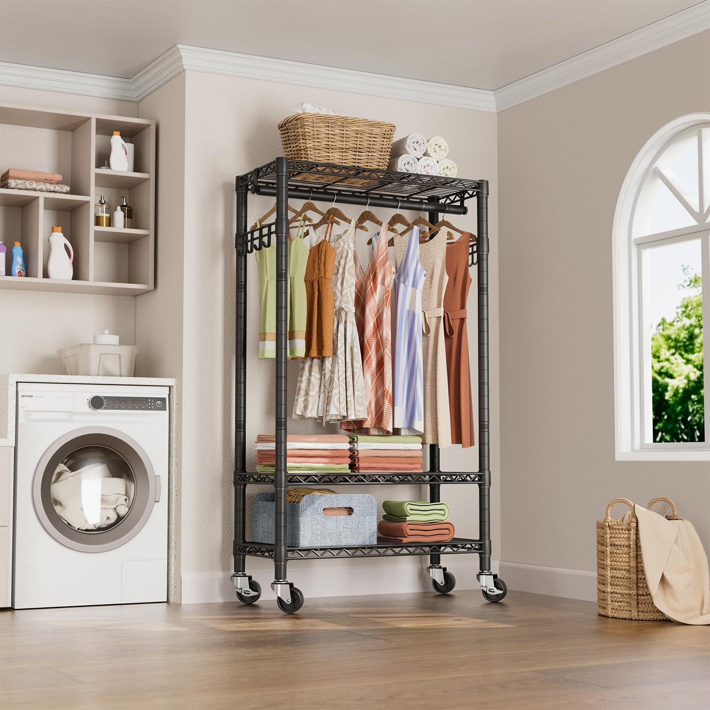 Heavy Duty Clothes Rack Rolling Garment Rack,3 Tier Adjustable Wire Shelving Clothing Racks for Hanging Clothes with Hanger Rod&Side Hooks,Freestanding Wardrobe Storage Rack Metal Portable Closet