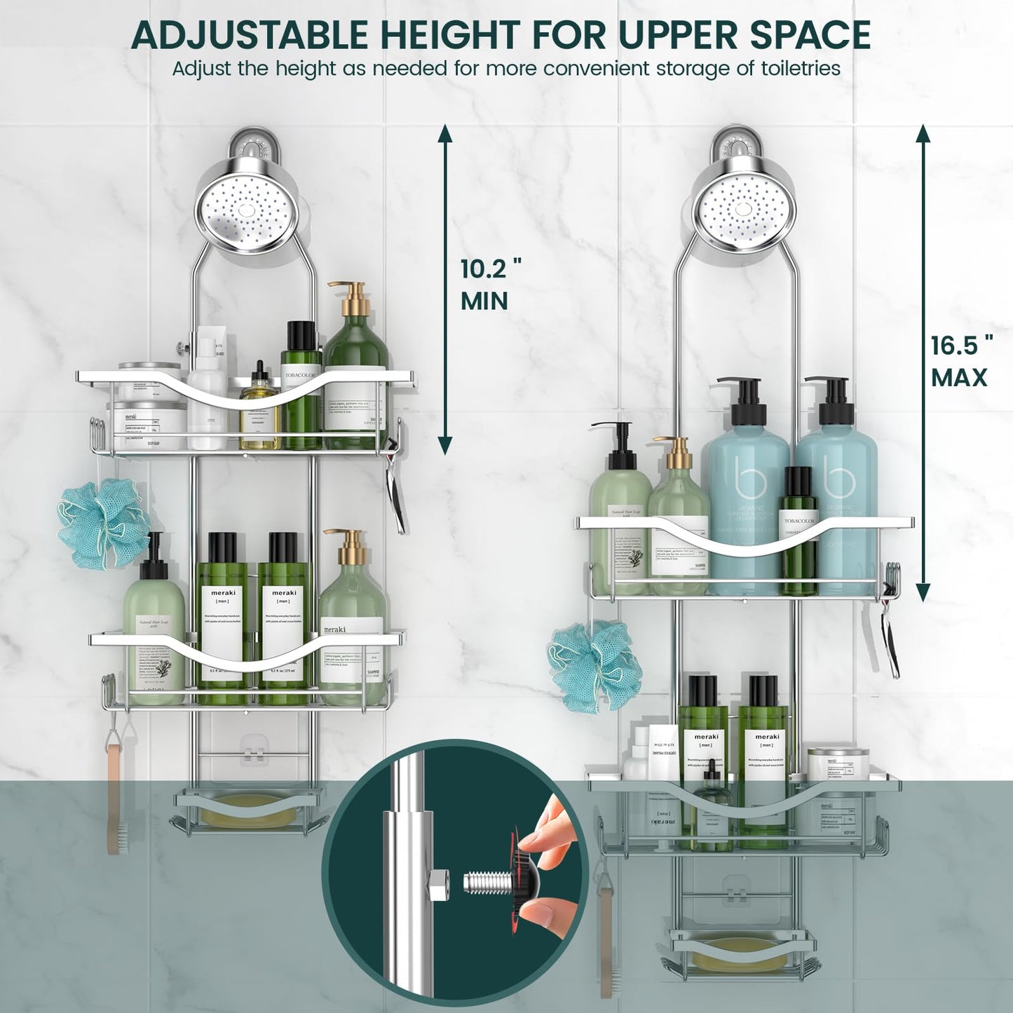 Shower Caddy Hanging Adjustable Shower Caddy, Rustproof Shower Organizer Extended Length Showers Caddy Over Shower Head with Hooks Soap Holder, Large Capacity Anti-Swing Bathroom Organizer, Silver