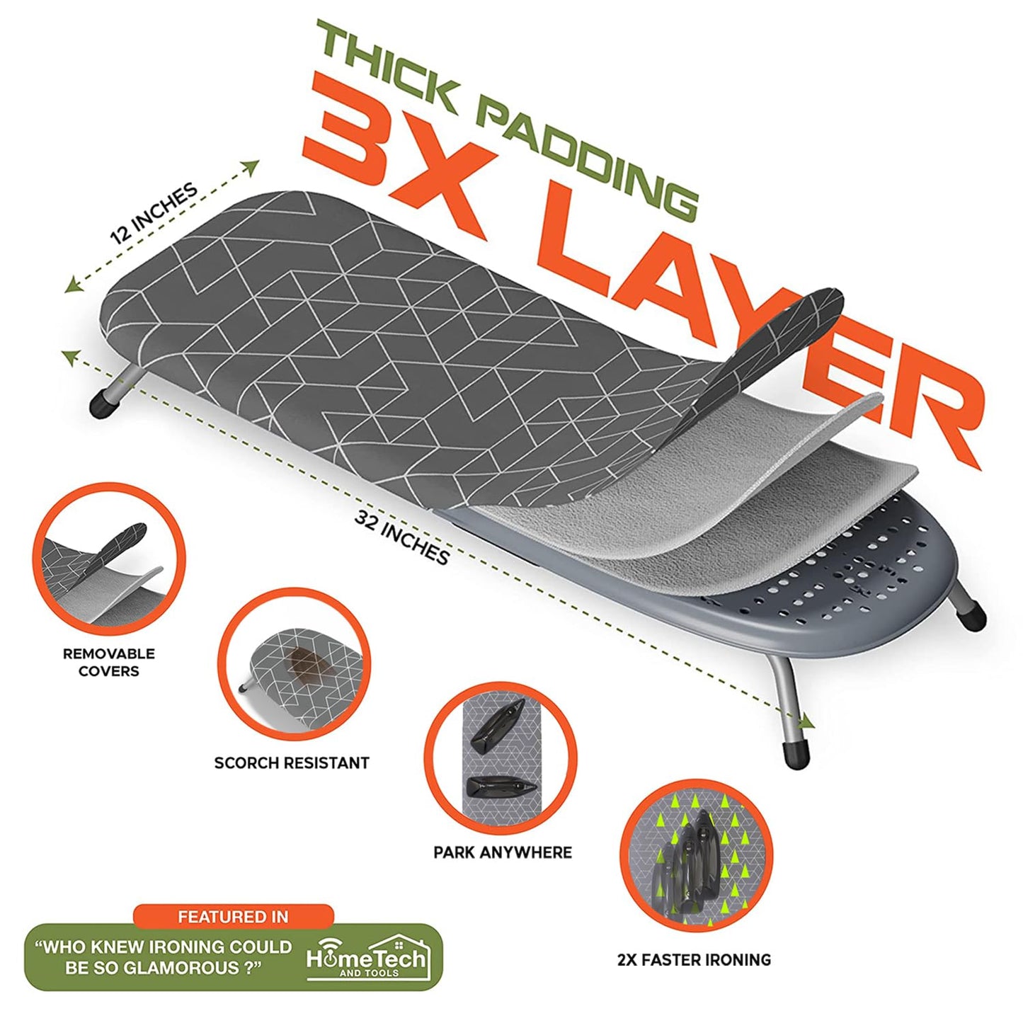 XABITAT Table Top Ironing Board with Wall Mount, D-Crease, Portable Space Saving Mini Laundry Room Iron Board, Foldable Small Ironing Board with Iron Holder, Gray