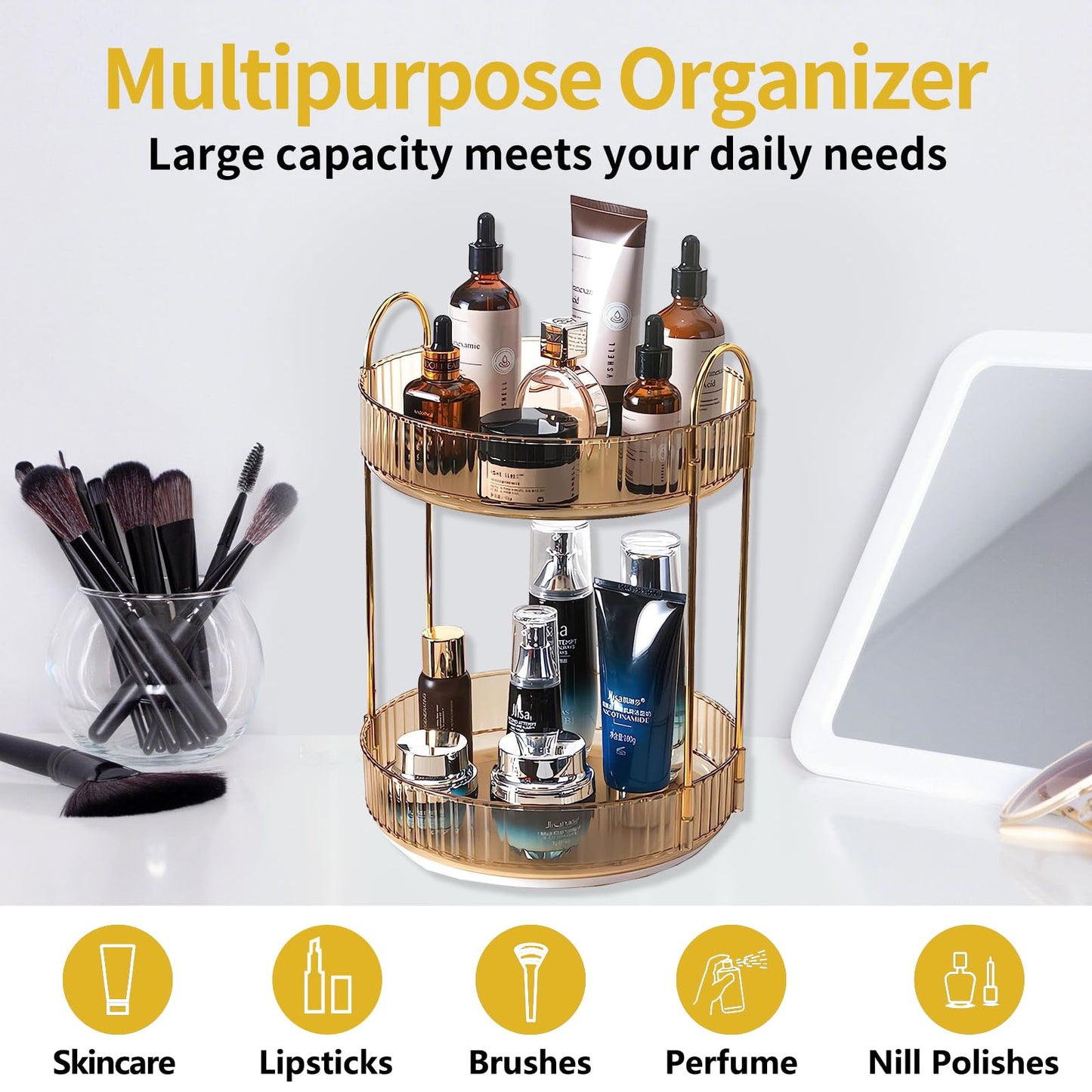 Asayuee 360 Rotating Gold Makeup Organizer,2 Tier Large Capacity Rotating Makeup Organizer,SkincarePerfume Organizer,Bathroom Cosmetics Storage Organizer Countertop (Gold-2 Tier)
