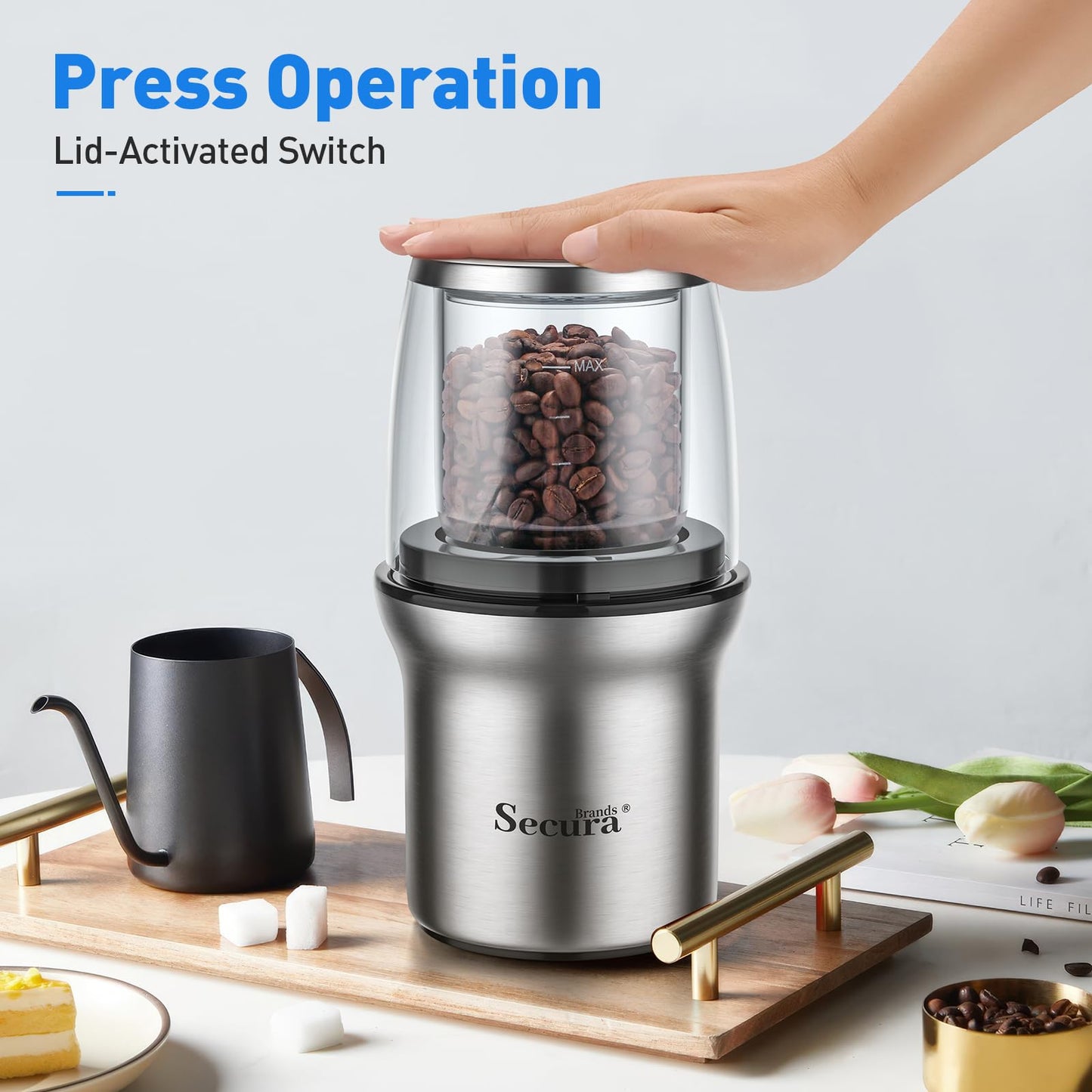Secura Brands Coffee Grinder Electric Spice Herb Seeds Grinder with Two Glass Bowl, Dry and Wet Grinder