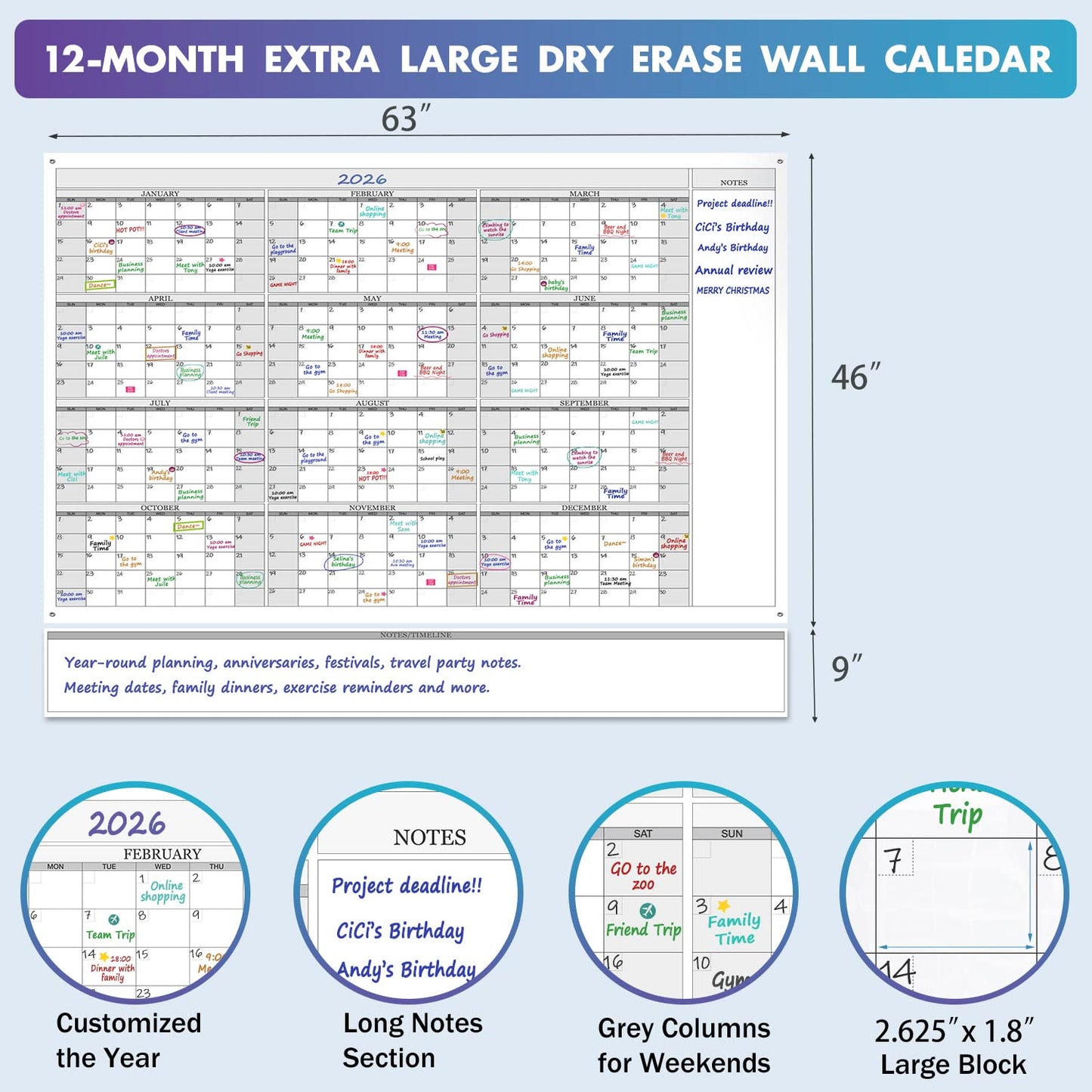 Jumbo Dry Erase Yearly Whiteboard Wall Calendar, 46" x 63", Huge 12 Month Laminated Erasable White Board, Giant Annual Family Schedule Planner, Large Undated Reusable Year Poster