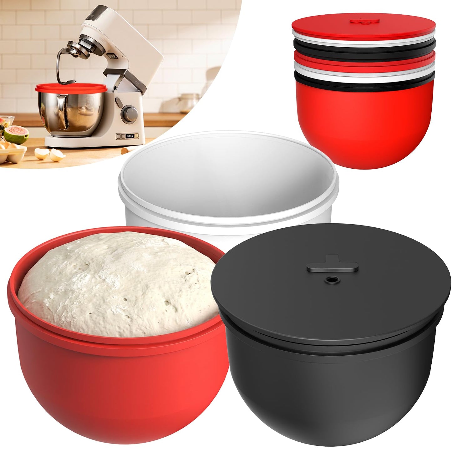 6 QT Silicone Bowl Liners for KitchenAid Mixers (3-Piece Set) - Adjustable Fermentation Hole Lid