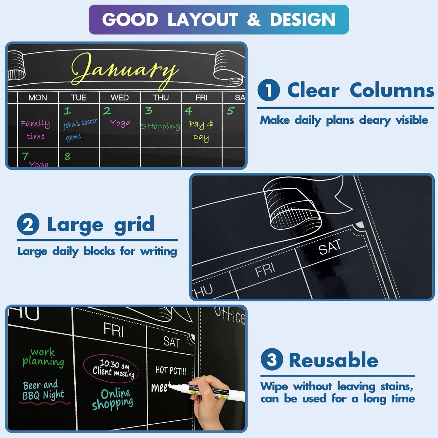 Extra Large chalkboard calendar for wall, 38x50 inch big black chalk board calendar, jumbo Monthly Laminated whiteboard calendar, huge erasable dry erase calendar planner