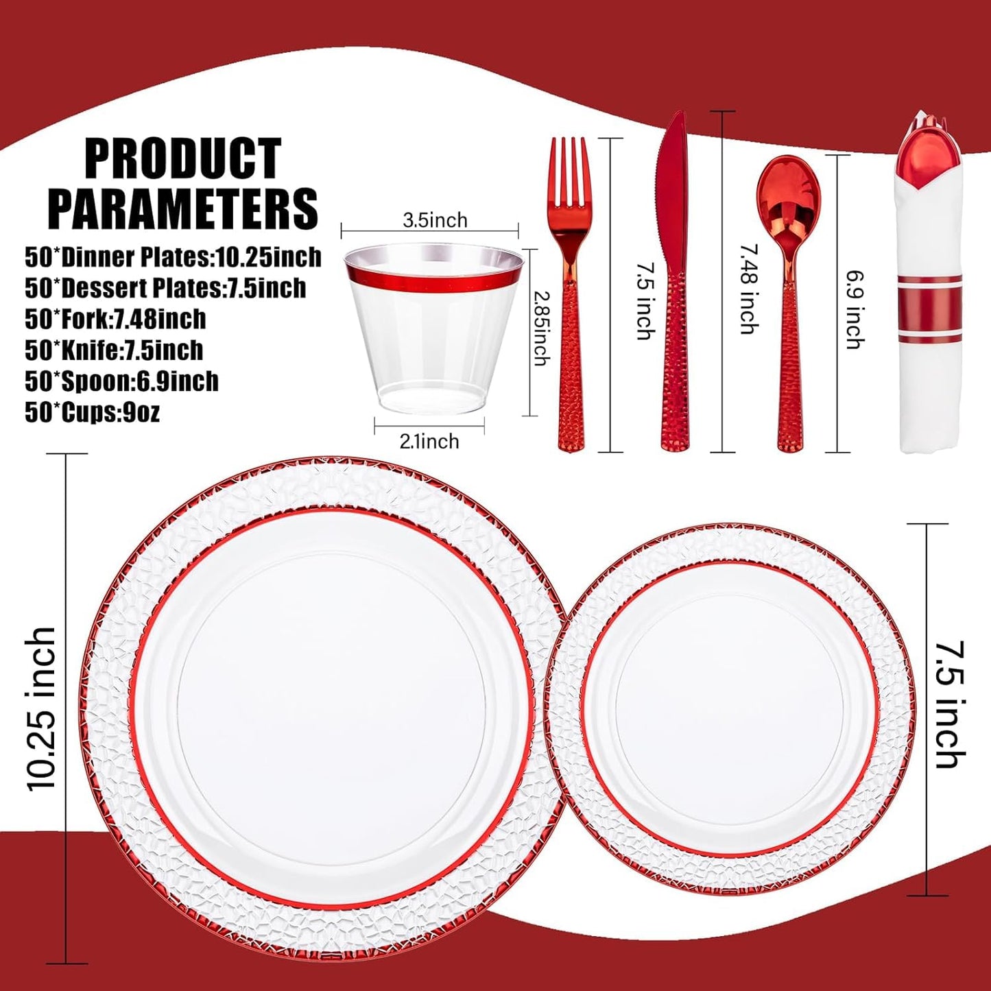Ciaell 350 PCS Clear and Red Plastic Plates – Red Dinnerware Set for 50 Guests Include 100 Plastic Plates, 50 Pre Rolled Napkins with Cutlery Set, 50 Cups for Wedding & Party