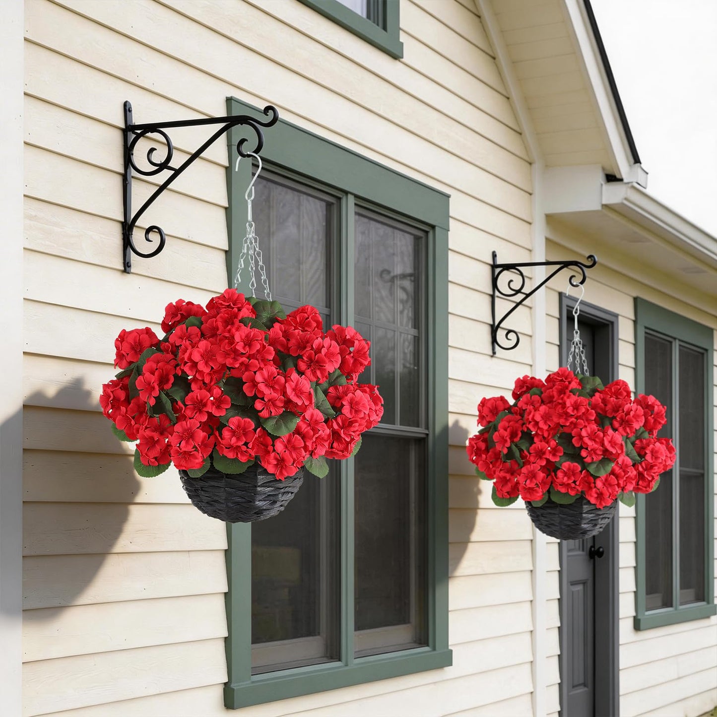 GLIDLION 2 Set Artificial Geraniums Flowers with Hanging Baskets for Outdoors - Sun Resistant Silk with Geranium Flowers, Fake Hanging Planters for Front Porch Garden Patio Home Decor (Red)