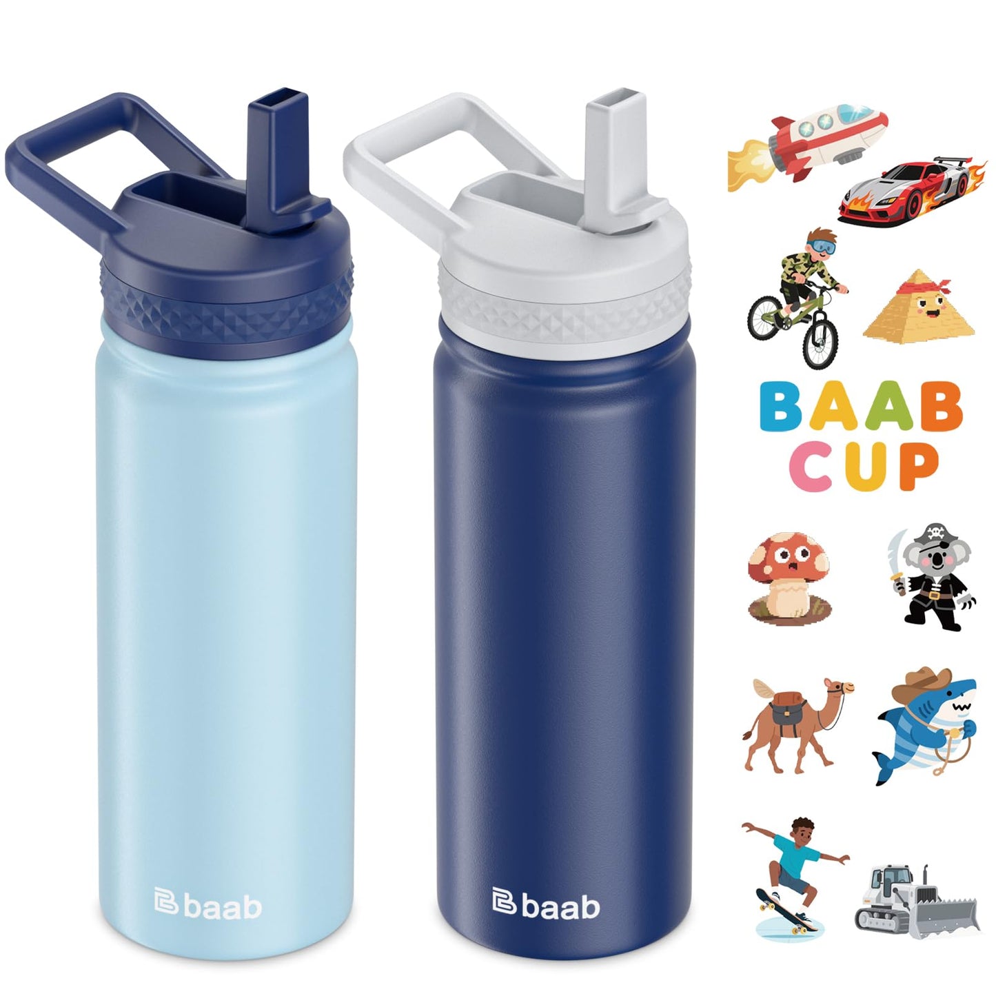 baab 18oz Kids Water Bottle, Insulated Water Bottle with Straw & Stickers, 18/8 Stainless Steel Vacuum Leakproof Kids Water Straw Cup for School, Gift for Boy Girl (Navy Blue+Light Blue, 2 Pack)