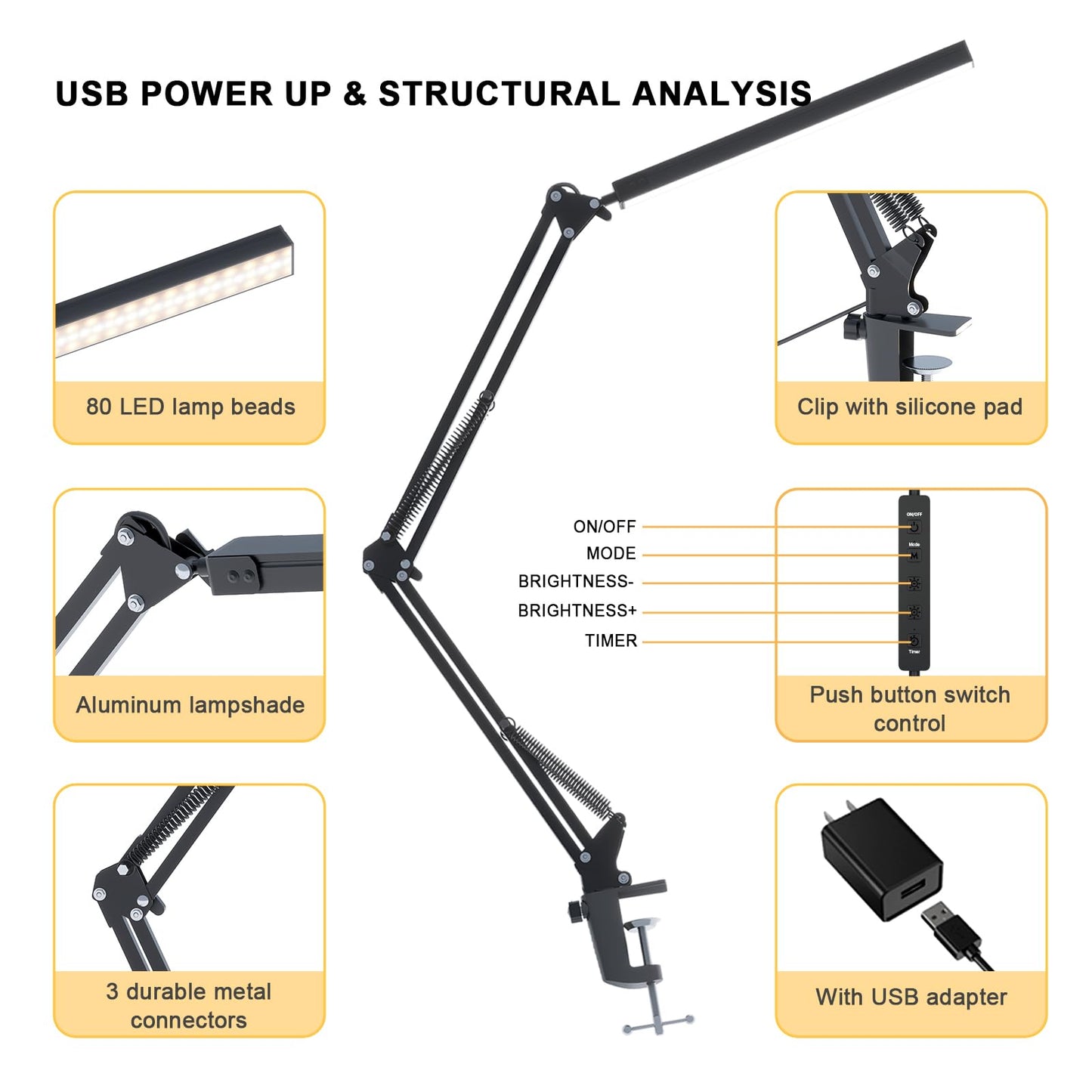 TROPICALTREE LED Desk Lamp for Home Office and Round Base, Clamp-On with 5 Light Modes & Auto Shut Off | 14W Adjustable Brightness 5000K Eye-Caring Lighting for Study/Bedroom/Computer Desk